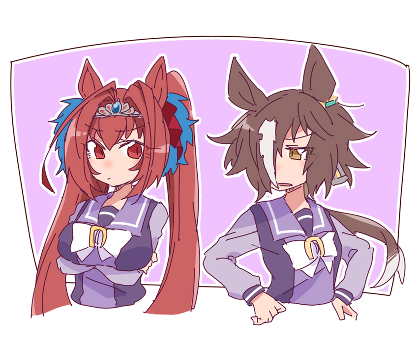 beer hsk, daiwa scarlet (umamusume), vodka (umamusume), umamusume, commentary request, 2girls, animal ears, arms under breasts, bow, breasts, brown eyes, brown hair, closed mouth, crossed arms, grey hair, hair between eyes, hair intakes, horse ears, large breasts, long hair, long sleeves, multicolored hair, multiple girls, outline, pink background, puffy long sleeves, puffy sleeves, purple shirt, red eyes, school uniform, shirt, tiara, tracen school uniform, twintails, two-tone background, two-tone hair, very long hair, white background, white bow, white outline