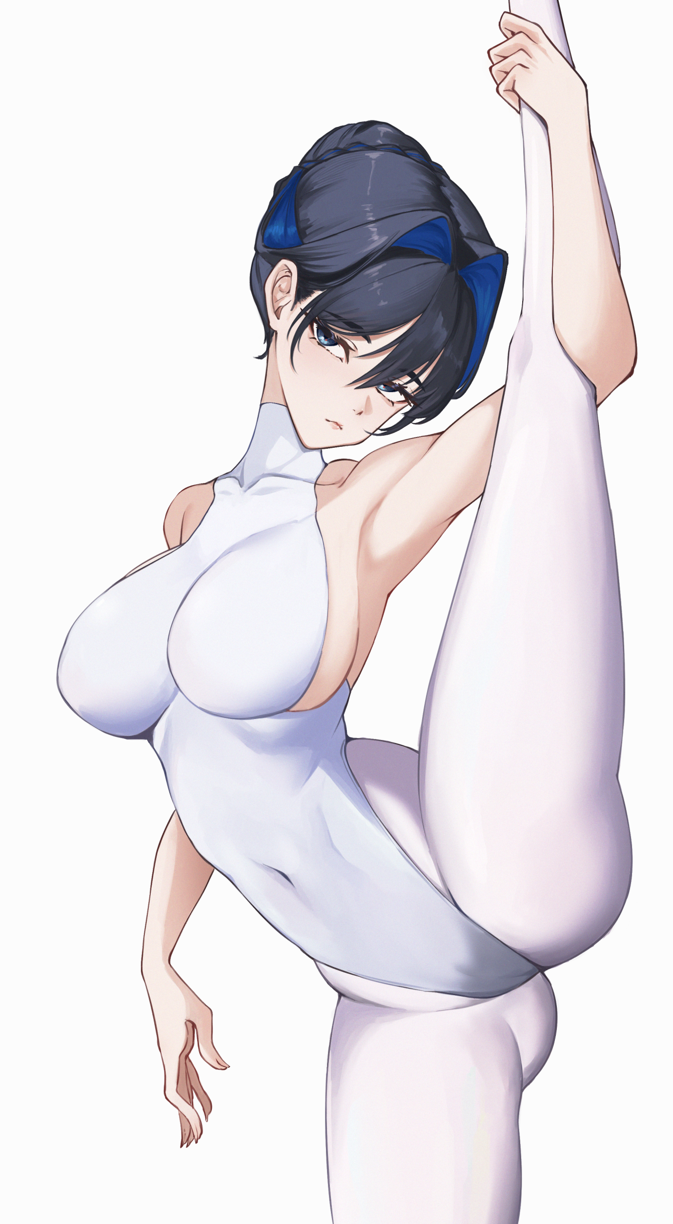 eipanguino, ouro kronii, hololive, hololive english, absurdres, commentary, english commentary, highres, 1girl, alternate costume, arm at side, arm up, armpits, ass, athletic leotard, bare shoulders, black hair, blue eyes, blue hair, blush, braid, breasts, bun with braided base, cameltoe, closed mouth, collarbone, colored inner hair, covered navel, cowboy shot, double-parted bangs, expressionless, groin, hair between eyes, hair bun, hair intakes, heattech leotard, highleg, highleg leotard, large breasts, leg up, leotard, looking at viewer, multicolored hair, pantyhose, pink lips, sideboob, single hair bun, skin tight, solo, standing, standing front split, standing on one leg, thighs, tsurime, turtleneck, virtual youtuber, white background, white leotard, white pantyhose