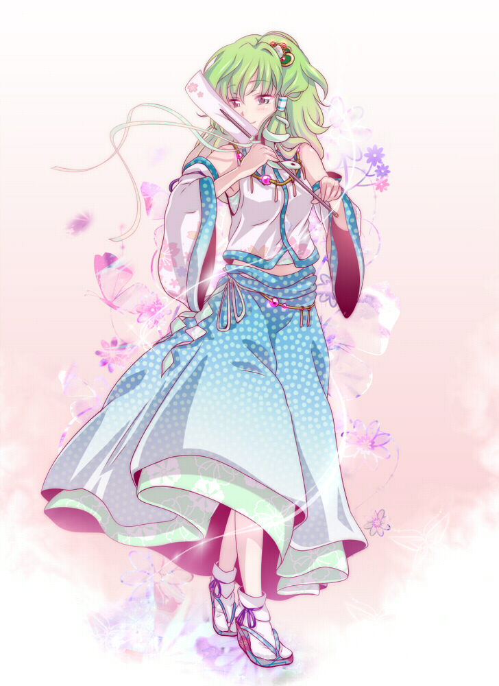 yuko (artist), yuuyuu (yuko), kochiya sanae, touhou, bad id, bad pixiv id, 1girl, detached sleeves, female focus, frog, gohei, green eyes, green hair, hair ornament, jewelry, long hair, matching hair/eyes, necklace, oonusa, sandals, snake, solo
