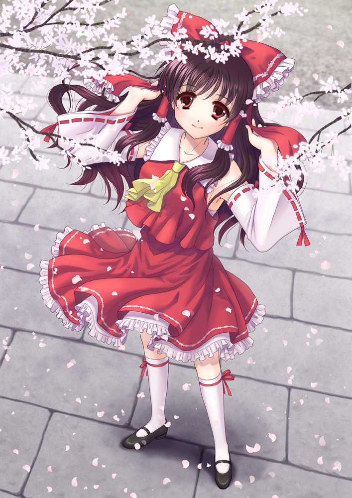 alha, hakurei reimu, touhou, 1girl, bow, brown hair, cherry blossoms, detached sleeves, female focus, from above, hair bow, hair ribbon, kneehighs, long hair, looking up, petals, red eyes, ribbon, short hair, socks, solo, standing, white socks