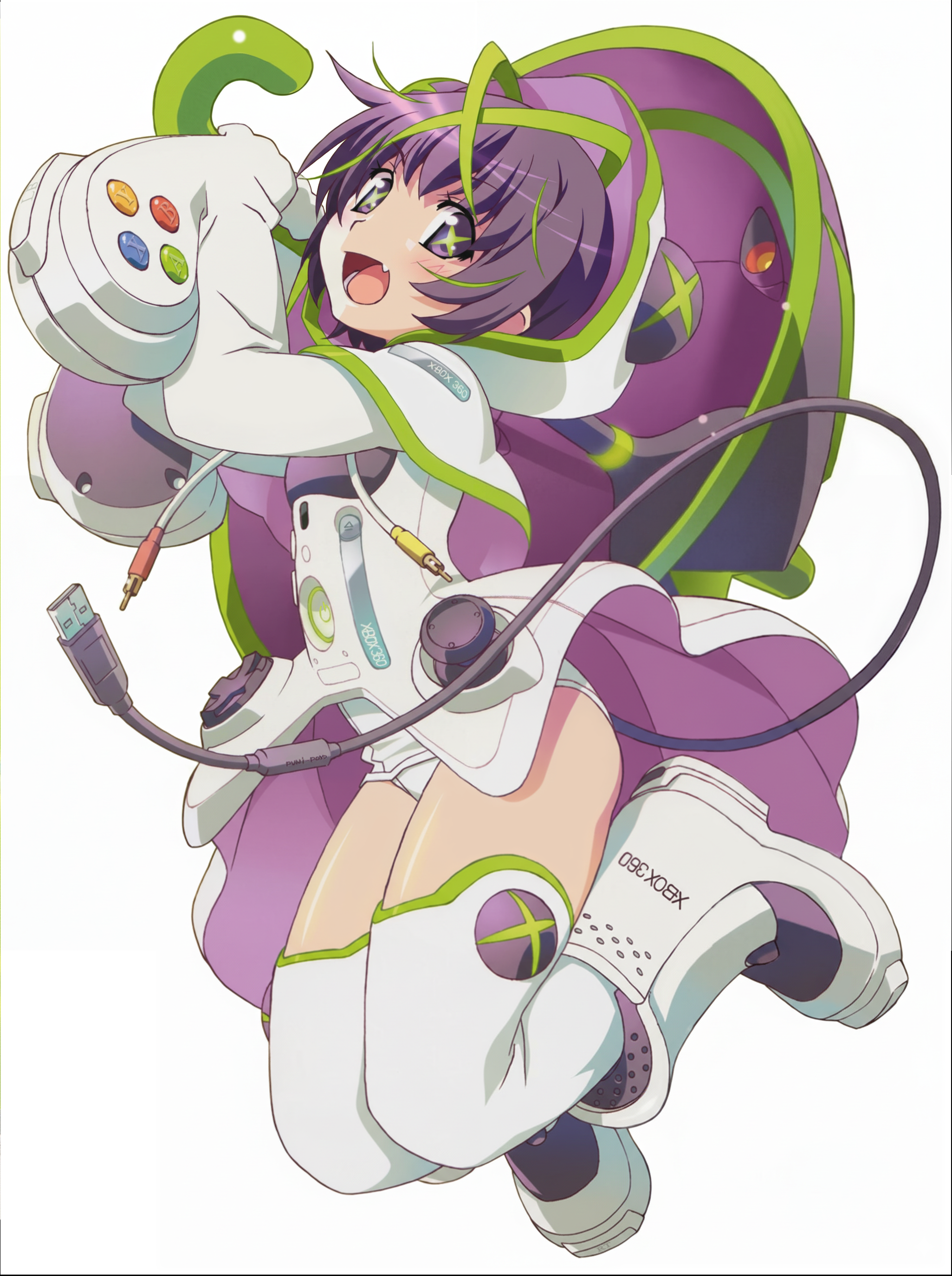 watanabe akio, microsoft, absurdres, commentary, english commentary, highres, resized, upscaled, 1girl, boots, cable, controller, fang, game console, game controller, personification, product girl, purple eyes, purple hair, rca connector, short hair, solo, thighhighs, umbrella, xbox 360, xbox 360 (personification)