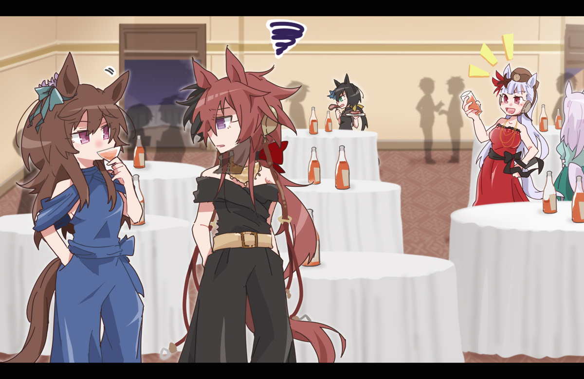 beer hsk, gold ship (umamusume), kin'iro ryotei (umamusume), mejiro mcqueen (umamusume), nakayama festa (umamusume), orfevre (old design) (umamusume), umamusume, commentary request, 5girls, :d, animal ears, belt, belt buckle, black dress, black hair, black pants, black shirt, blue shirt, bottle, brown belt, brown hair, brown hat, buckle, cocktail glass, cup, dress, drinking glass, ear covers, food, fork, green eyes, green shirt, green skirt, grey hair, hair between eyes, hat, holding, holding cup, holding fork, holding plate, horse ears, horse girl, horse tail, indoors, letterboxed, mini hat, motion lines, multiple girls, notice lines, open mouth, pants, people, plate, purple eyes, purple hair, red dress, red eyes, shirt, silhouette, skirt, smile, squiggle, steak, strapless, strapless dress, table, tail