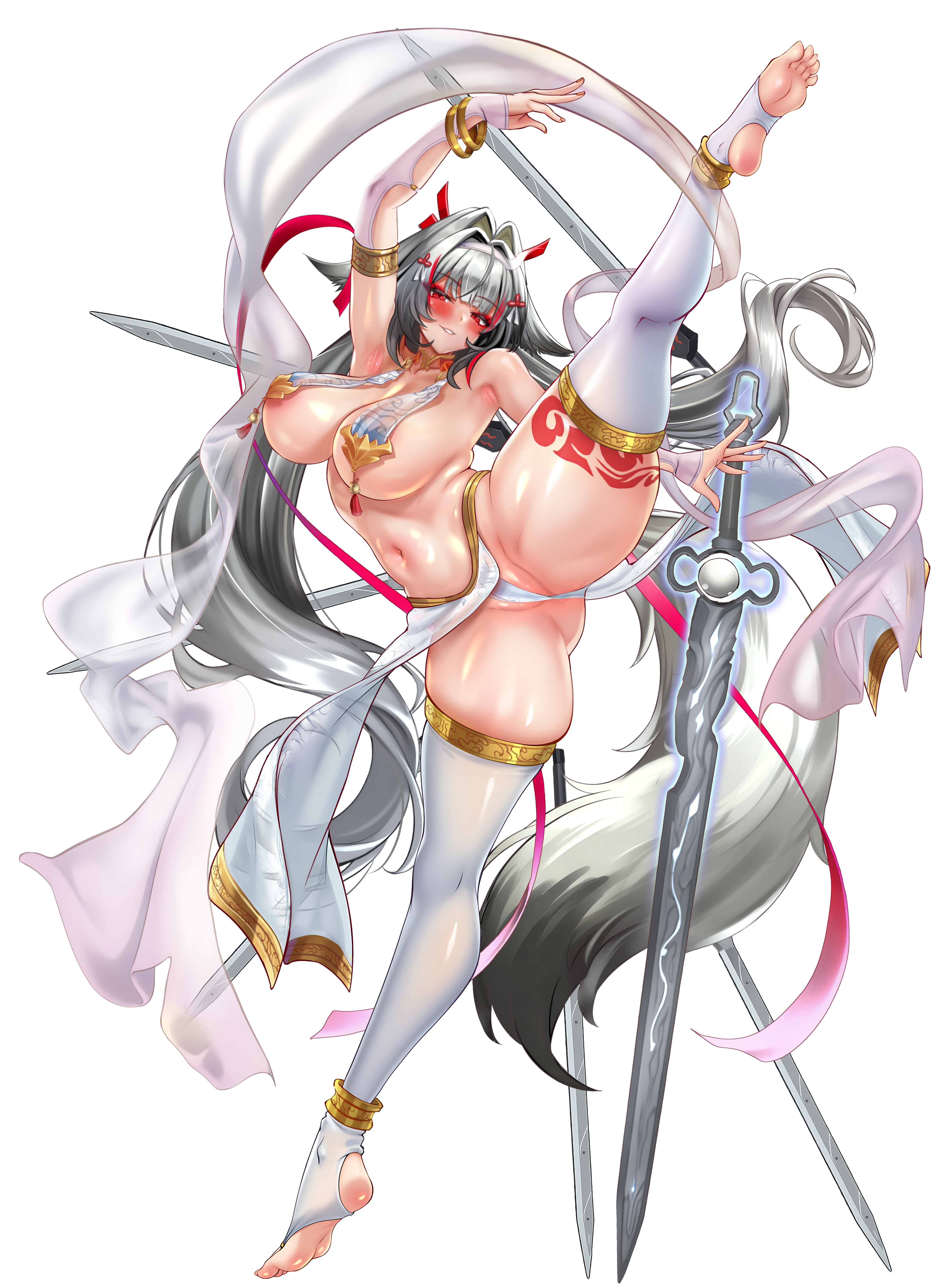 jagoo, ye shunguang, zenless zone zero, absurdres, highres, 1girl, barefoot, blush, breasts, feet, grey hair, hairband, large breasts, long hair, looking at viewer, panties, parted lips, red eyes, smile, soles, stirrup legwear, sword, thighhighs, toeless legwear, toes, transparent background, underwear, weapon, white thighhighs