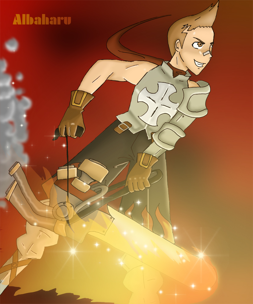 albaharu, urs van de land, arc system works, battle fantasia, 1boy, armor, bandaid, boots, brown eyes, brown hair, chainsaw, fire, gloves, grin, male focus, muscular, scarf, short hair, smile, smoke, solo, standing, warrior