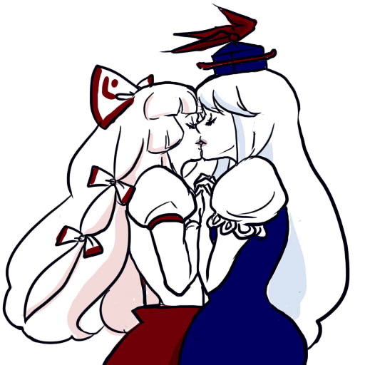 tadashi, fujiwara no mokou, kamishirasawa keine, touhou, 2girls, closed eyes, dress, female focus, hair ribbon, hat, holding hands, kiss, long hair, multiple girls, profile, ribbon, simple background, white background, white hair, yuri