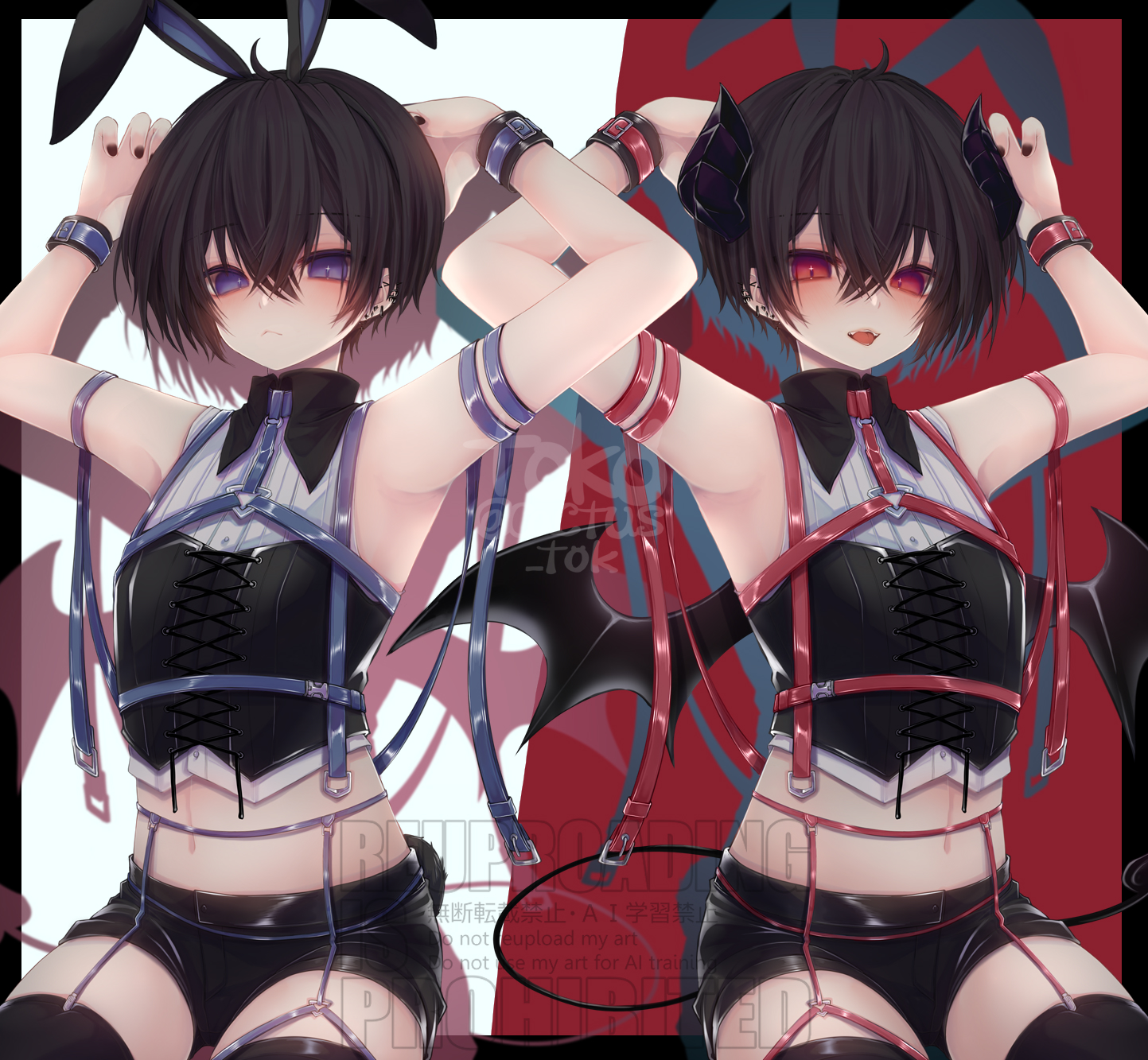 original, commentary request, highres, 1boy, :<, ahoge, arm belt, arm strap, armpits, arms up, black corset, black hair, black horns, black nails, black shorts, black thighhighs, blue eyes, blue garter belt, chest harness, contrast collar, corset, demon boy, demon horns, demon wings, dual persona, earrings, fangs, garter belt, garter straps, harness, horns, jewelry, looking at viewer, male focus, midriff, navel, open mouth, red background, red eyes, red garter belt, shirt, shorts, simple background, sitting, thighhighs, toko (cactus tok), two-tone background, watermark, white background, white shirt, wings, wrist cuffs