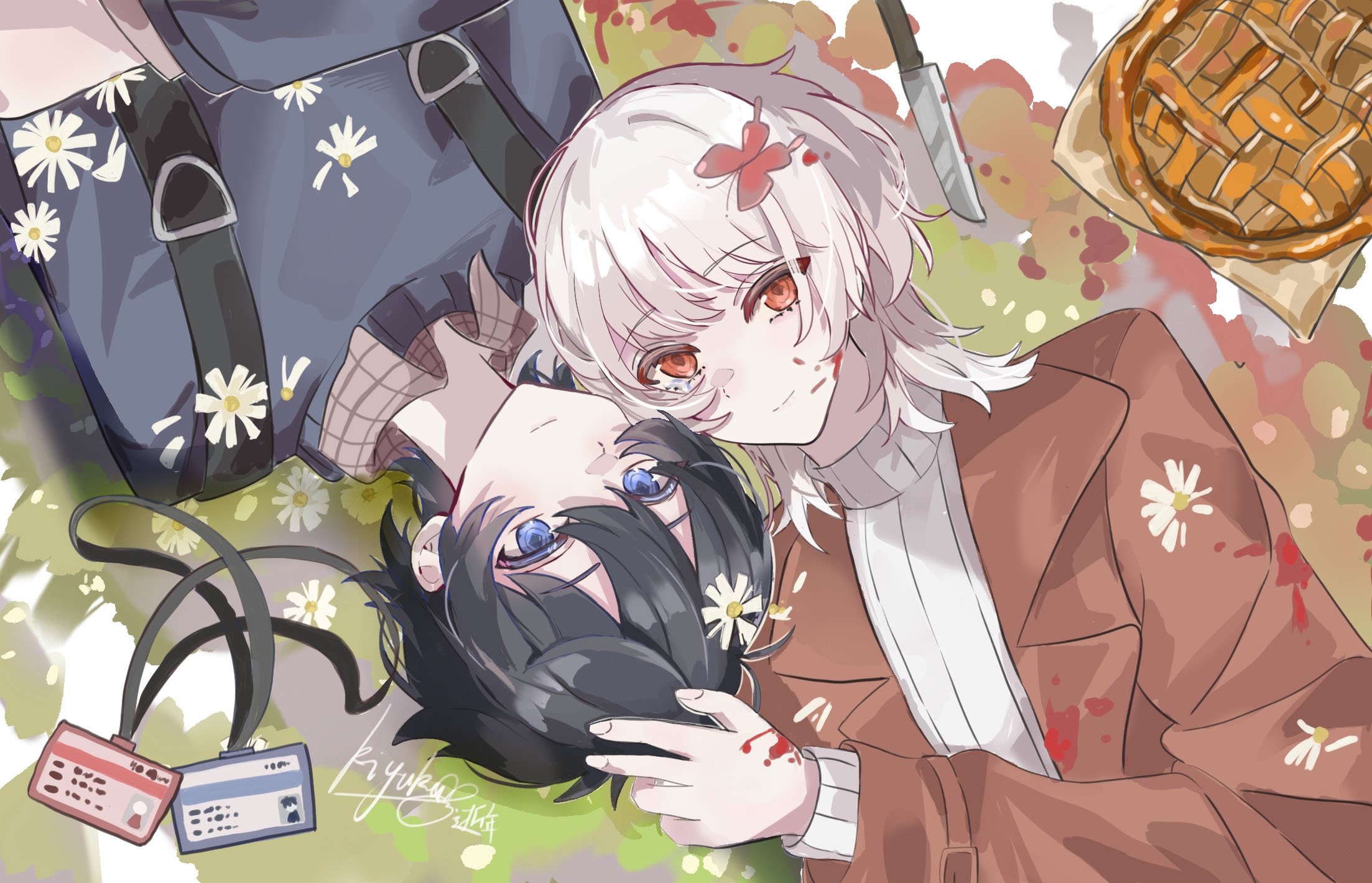 akinashi haru, tatsunami shion, saihate eki, highres, 2boys, apple pie, backpack, bag, blood, blood on clothes, blood on face, blue shirt, brown coat, bug, butterfly, butterfly on head, casual, circle formation, coat, flower, flower on head, food, hand on another's head, id card, insect, knife, lanyard, looking at viewer, lying, male focus, mian829201, multiple boys, on back, pie, shirt, smile