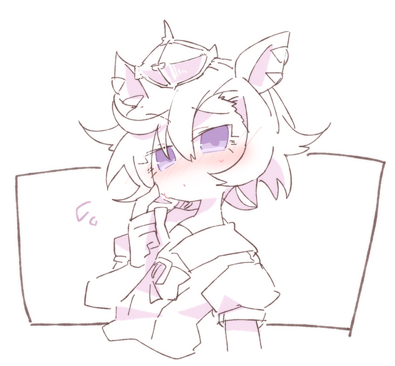 beer hsk, t.m. opera o (umamusume), umamusume, commentary request, 1girl, animal ears, blush, closed mouth, crown, flying sweatdrops, hair between eyes, hand up, horse ears, mini crown, monochrome, nose blush, puffy short sleeves, puffy sleeves, purple eyes, school uniform, scratching cheek, shirt, short sleeves, solo, tracen school uniform, upper body, white background