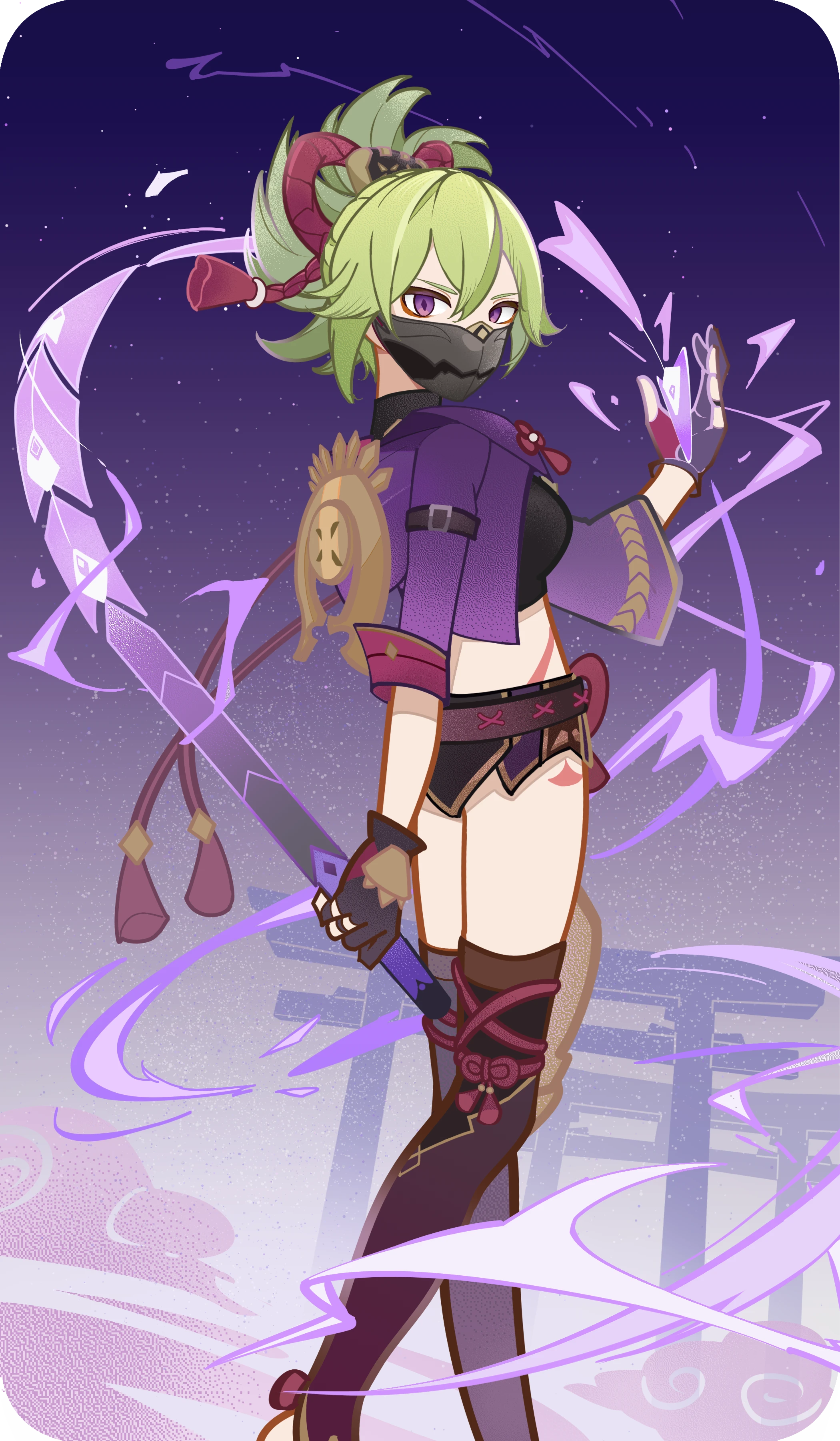 kuki shinobu, scaramouche (genshin impact), wanderer (genshin impact), genshin impact, absurdres, chinese commentary, commentary request, highres, 1girl, black mask, black shorts, black thighhighs, breasts, crop top, cropped jacket, fingerless gloves, from side, full body, genius invokation tcg (style), gloves, green eyes, green hair, hair between eyes, hair ornament, holding, holding sword, holding weapon, jacket, katana, linjiedezhu, looking at viewer, mask, midriff, mouth mask, ninja, ninja mask, partially fingerless gloves, ponytail, purple eyes, purple jacket, rope, shimenawa, short shorts, shorts, solo, sword, thighhighs, torii, weapon