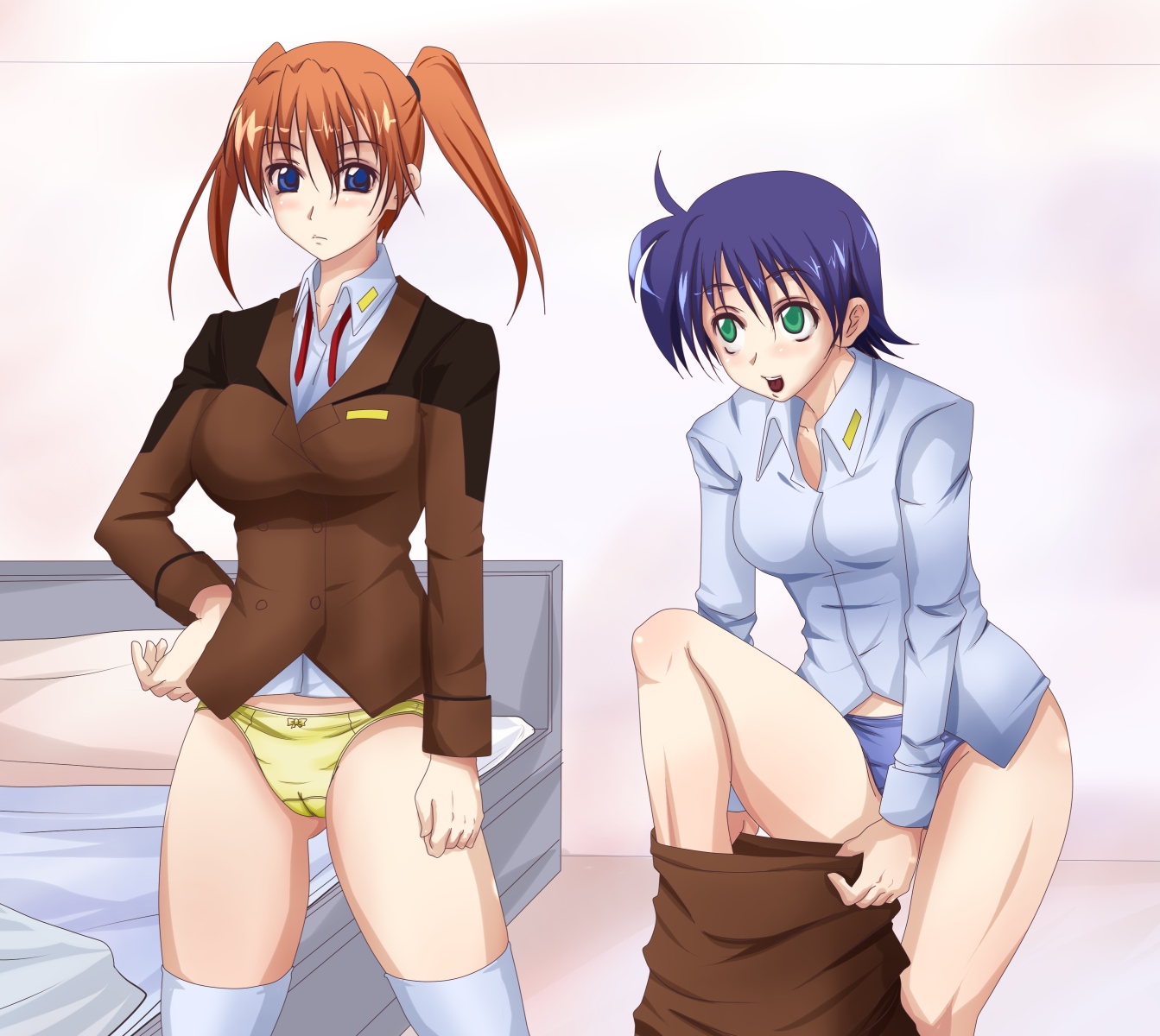gununu (pixiv), subaru nakajima, teana lanster, lyrical nanoha, mahou shoujo lyrical nanoha, mahou shoujo lyrical nanoha strikers, bad id, bad pixiv id, highres, 00s, 2girls, blue hair, blue panties, blush, cameltoe, multiple girls, no pants, orange hair, panties, thighhighs, underwear, undressing, yellow panties