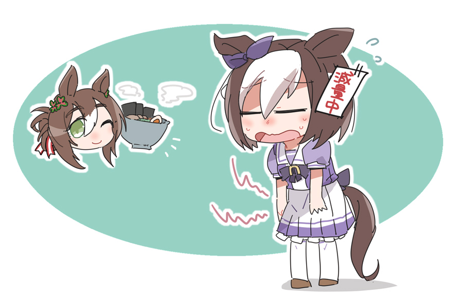 beer hsk, fine motion (umamusume), special week (umamusume), umamusume, commentary request, translation request, 2girls, ;), animal ears, blue background, bow, bowl, brown hair, brown shoes, closed eyes, closed mouth, ear ribbon, food, green eyes, hair between eyes, hair bun, horse ears, horse girl, horse tail, multicolored hair, multiple girls, noodles, one eye closed, open mouth, pantyhose, pleated skirt, puffy short sleeves, puffy sleeves, purple bow, purple ribbon, purple shirt, ramen, ribbon, school uniform, shirt, shoes, short sleeves, skirt, smile, tail, tracen school uniform, two-tone background, two-tone hair, wavy mouth, white background, white hair, white pantyhose, white skirt