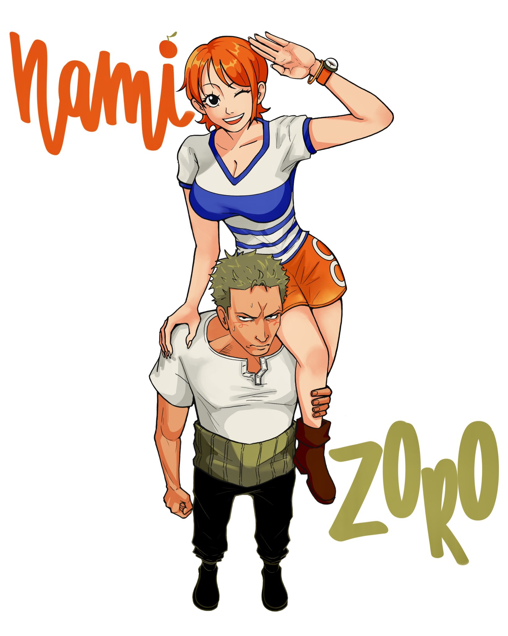 nami (one piece), roronoa zoro, one piece, commentary, english commentary, highres, 1boy, 1girl, bangle, black pants, boots, bracelet, breasts, brown boots, character name, cleavage, closed mouth, collarbone, full body, green hair, hand on another's leg, hand on another's shoulder, haramaki, jewelry, large breasts, log pose, looking at viewer, miniskirt, one eye closed, open mouth, orange hair, orange skirt, pants, sakusa liker, salute, shirt, short hair, short sleeves, simple background, single sidelock, sitting, sitting on person, sitting on shoulder, skirt, standing, sweatdrop, v-neck, white background, white shirt