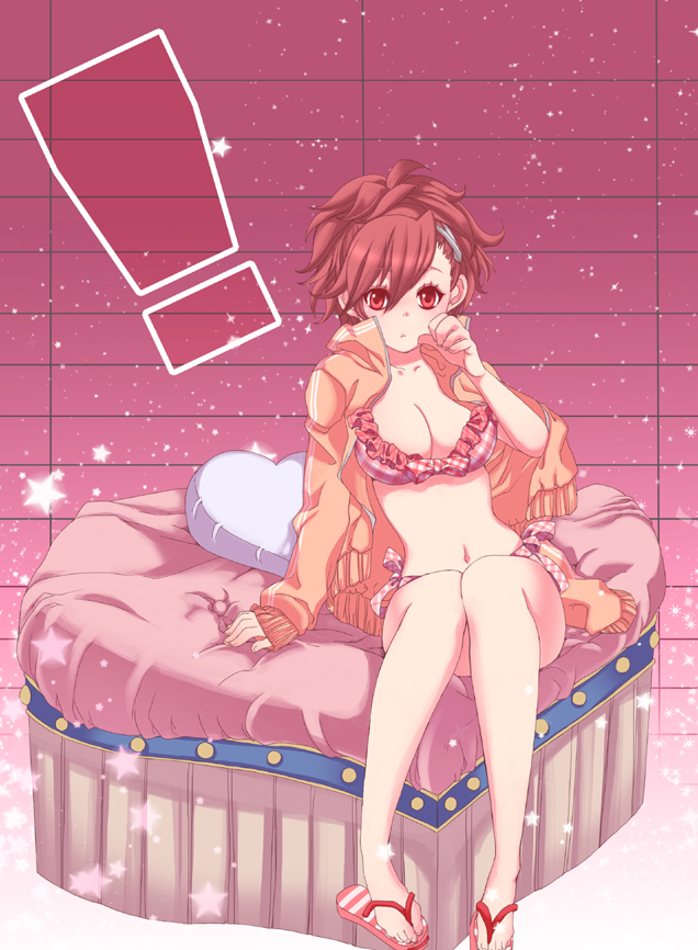 ironmaskbear, shiomi kotone, atlus, persona, persona 3, persona 3 portable, artist request, bad id, bad pixiv id, !, 1girl, bikini, bow, bra, breasts, checkered bra, checkered clothes, checkered panties, female focus, flip-flops, heart, large breasts, legs, lingerie, panties, red eyes, sandals, sitting, solo, swimsuit, underwear