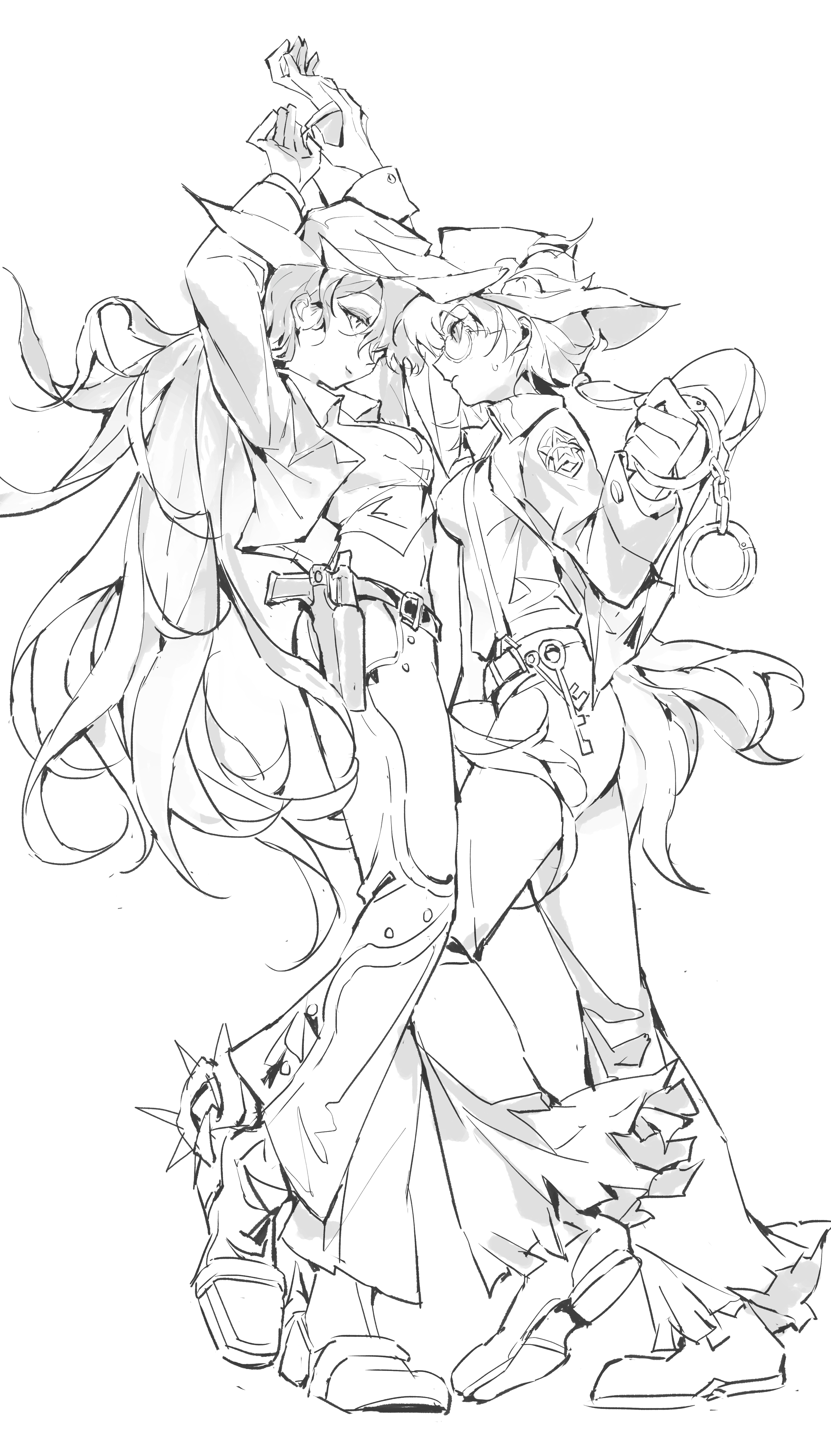 dabaijiang memeda, isolde (reverse:1999), kakania (reverse:1999), reverse:1999, absurdres, chinese commentary, commentary request, highres, 2girls, arms up, bell-bottoms, closed mouth, cuffs, eye contact, full body, glasses, greyscale, handcuffs, hat, holding, holding handcuffs, holster, jacket, key, long hair, looking at another, monochrome, multiple girls, open clothes, open jacket, pants, shoes, simple background, sweat, very long hair, white background