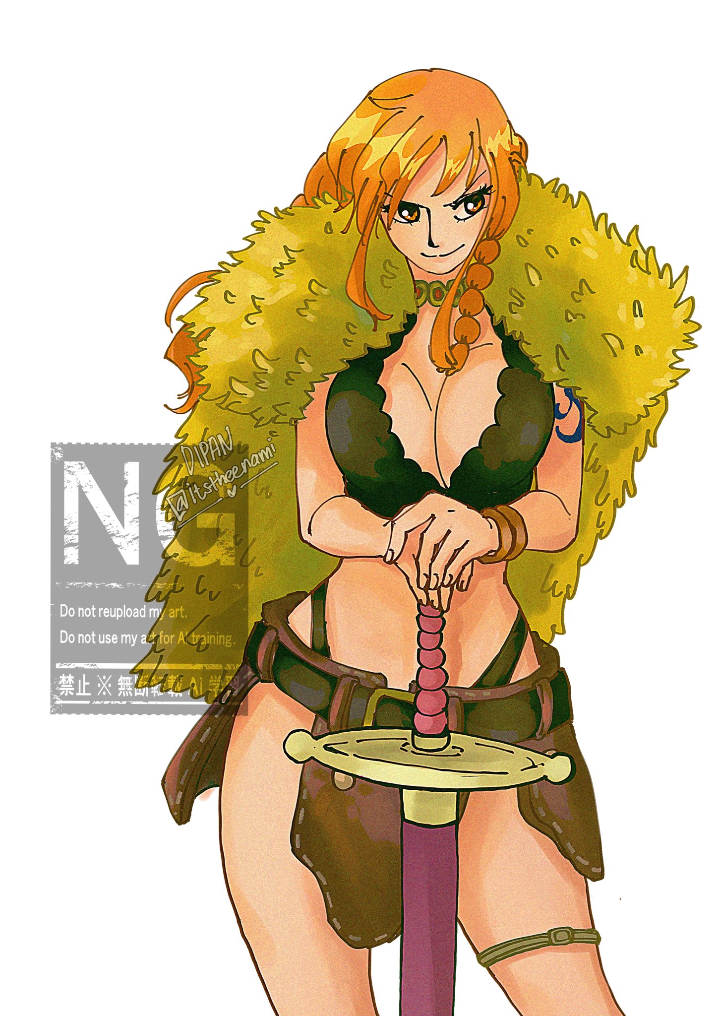 itstheenami, nami (one piece), one piece, commentary, english commentary, highres, 1girl, belt, belt buckle, bracelet, braid, braided sidelock, breasts, brown loincloth, buckle, cape, cleavage, closed mouth, cowboy shot, crop top, fur cape, gold choker, hand on hilt, highleg, highleg panties, jewelry, large breasts, long hair, midriff, official alternate costume, official alternate hairstyle, orange eyes, orange hair, panties, planted, planted sword, planted weapon, shoulder tattoo, solo, straight-on, sword, tattoo, thigh strap, underwear, weapon, white background, yellow cape