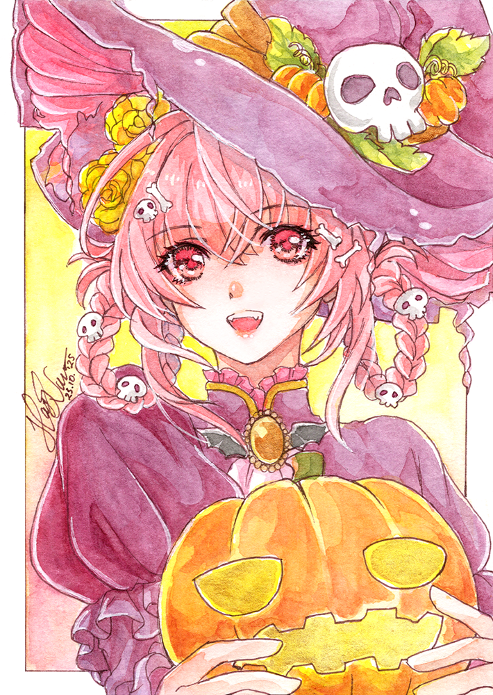 hayashinomura, original, commentary, english commentary, painting (medium), traditional media, watercolor (medium), 1girl, braid, braided hair rings, brooch, dated, eyelashes, fangs, hair ornament, hair rings, halloween, hat, holding, holding pumpkin, jack-o'-lantern, jewelry, medium hair, pink hair, pumpkin, red eyes, signature, skull hair ornament, smile, solo, upper body, witch hat