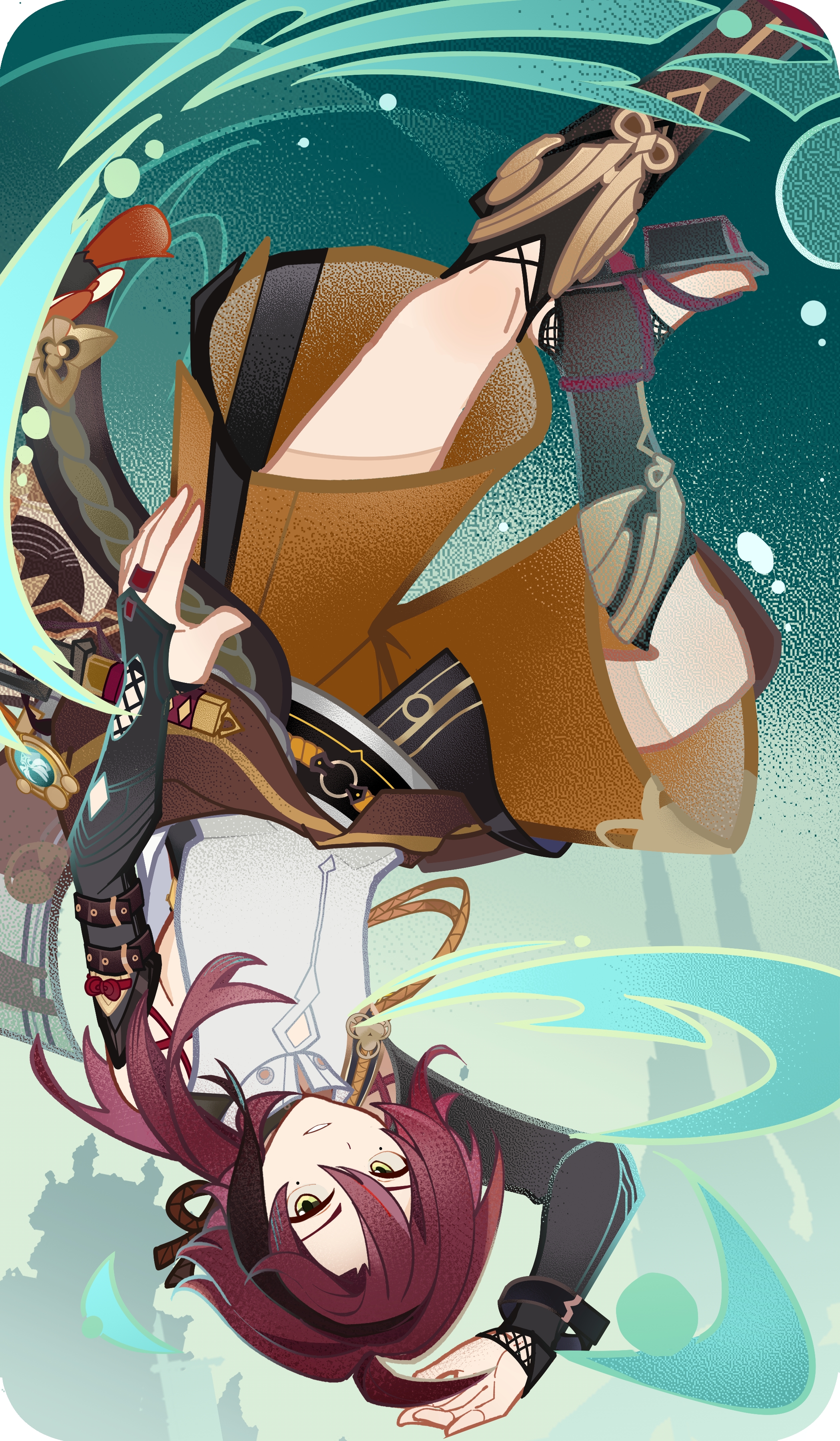 shikanoin heizou, genshin impact, absurdres, chinese commentary, commentary request, highres, 1boy, ahoge, armor, brown hair, full body, genius invokation tcg (style), green eyes, japanese armor, japanese clothes, kote, kurokote, linjiedezhu, long hair, looking at viewer, low ponytail, male focus, mole, mole under eye, multicolored hair, ponytail, red hair, shirt, shorts, sleeveless, solo, streaked hair, upside-down, yellow eyes