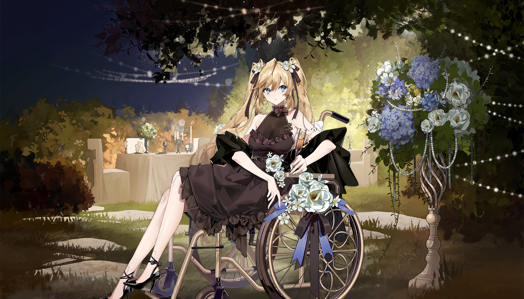 04 (artery gear), artery gear, highres, non-web source, 1girl, black dress, black ribbon, blonde hair, blue eyes, blue flower, cup, dress, flower, frilled dress, frills, hair flower, hair ornament, hair ribbon, high heels, holding, holding cup, long hair, official alternate costume, party, prosthesis, prosthetic arm, prosthetic leg, ribbon, see-through clothes, solo, twintails, very long hair, wheelchair, white flower