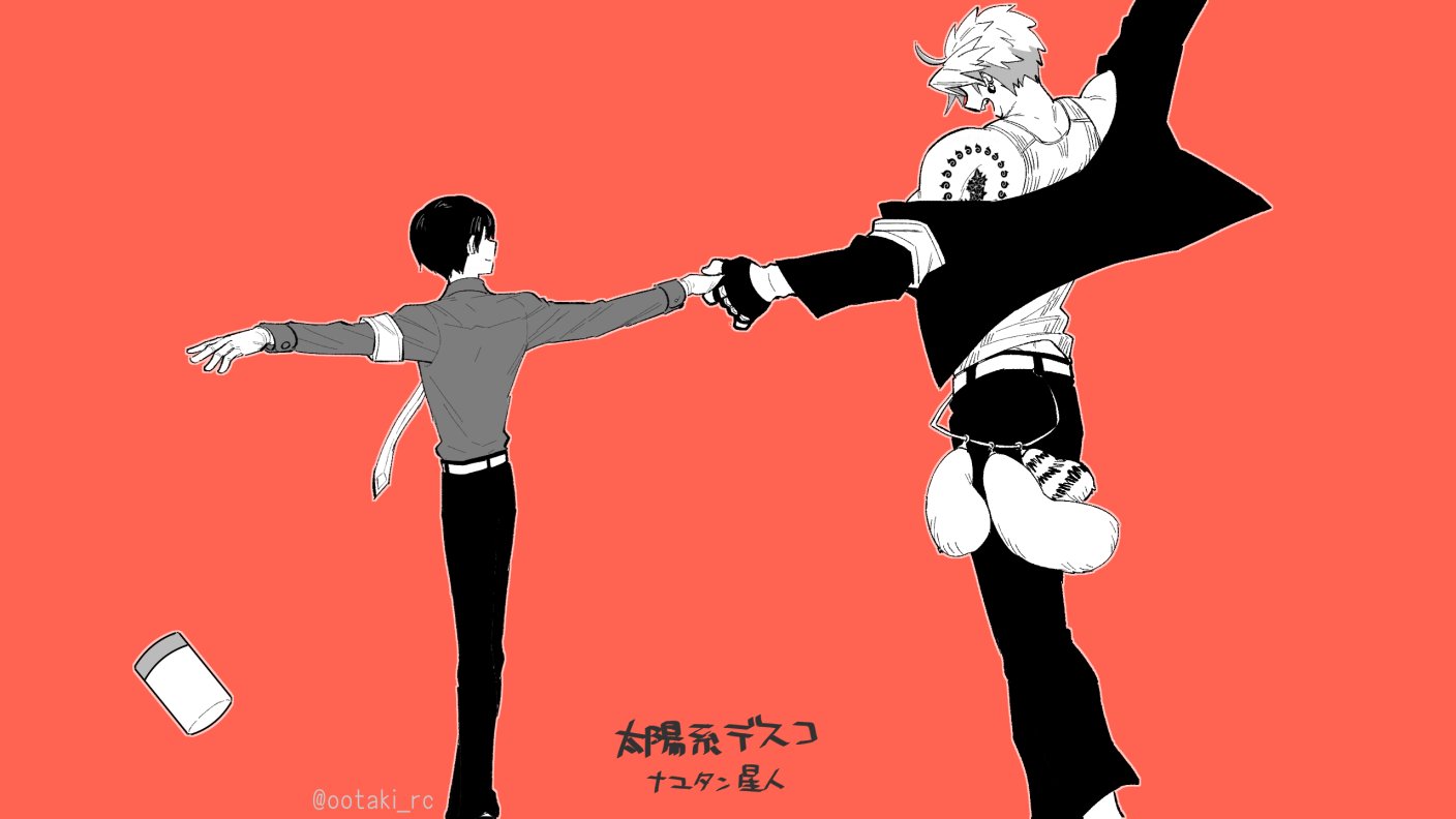 ootaki rc, akagi kazuaki, hanagata kaede, kemono jihen, 2boys, back, fingerless gloves, gloves, greyscale with colored background, jacket, long sleeves, male focus, multiple boys, red background, short hair, tank top, yaoi