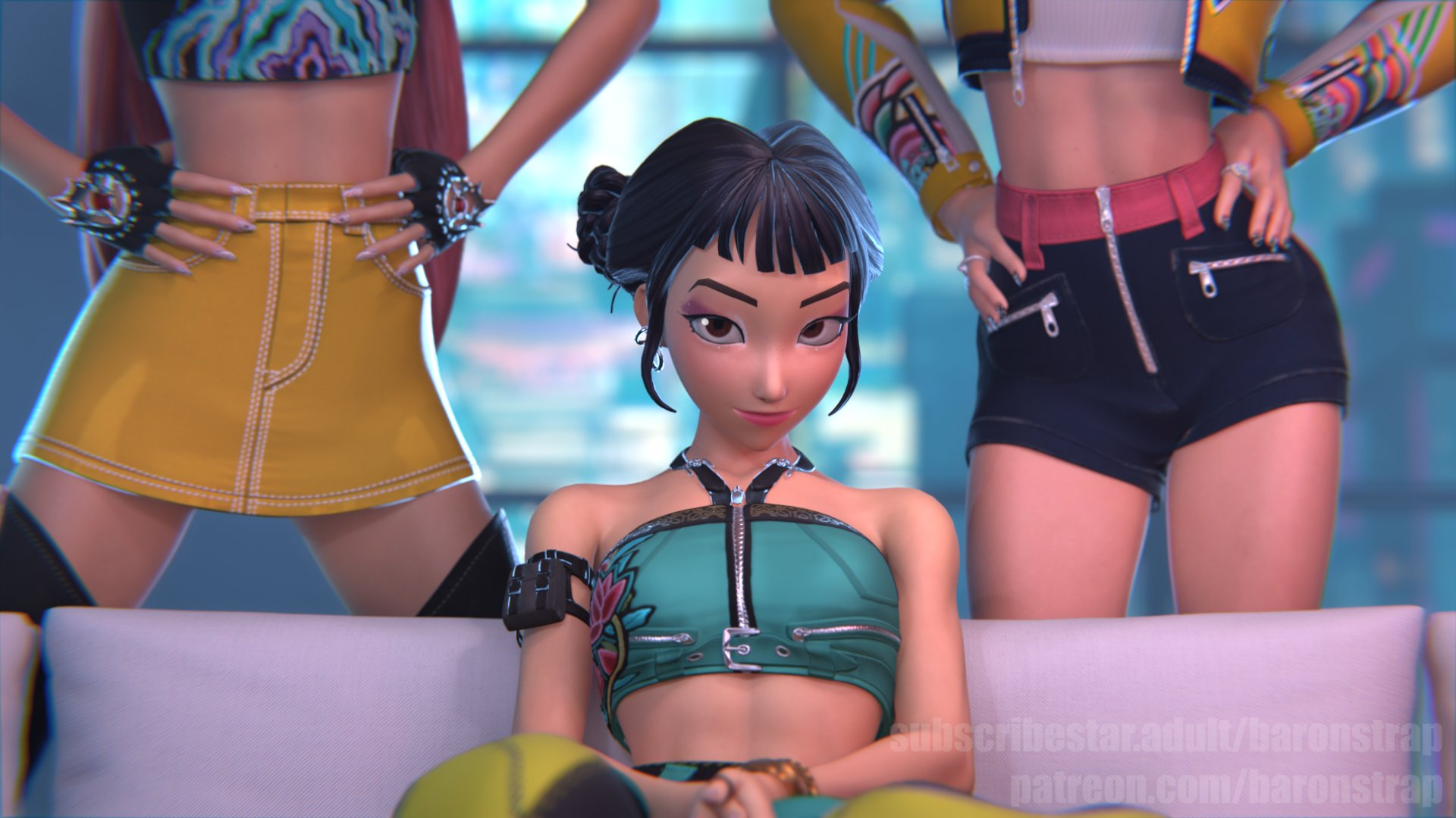 baronstrap, mira (kpop demon hunters), rumi (kpop demon hunters), zoey (kpop demon hunters), kpop demon hunters, couch, fingerless gloves, gloves, jewelry, looking at viewer, makeup, shorts, sitting, skirt