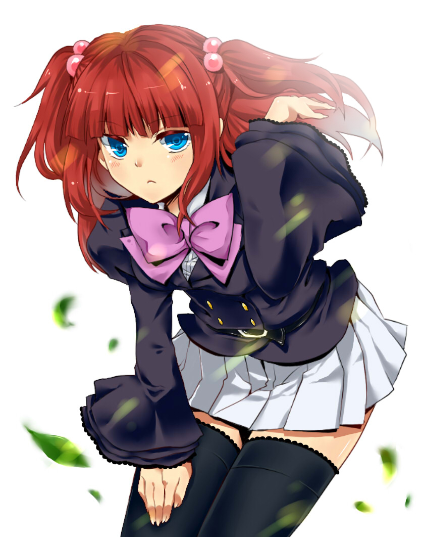 sima (artist), ushiromiya ange, umineko no naku koro ni, bad id, bad pixiv id, blue eyes, hair bobbles, hair ornament, jacket, necktie, ribbon, short hair, skirt, solo, thighhighs, twintails, two side up, zettai ryouiki