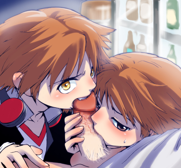 chinjuu hibakichi, hanamura yousuke, shadow (persona), atlus, persona, persona 4, 3boys, biting, censored, fellatio, group sex, male focus, mmm threesome, multiple boys, oral, orange eyes, orange hair, penis, purple eyes, teeth, threesome, yaoi