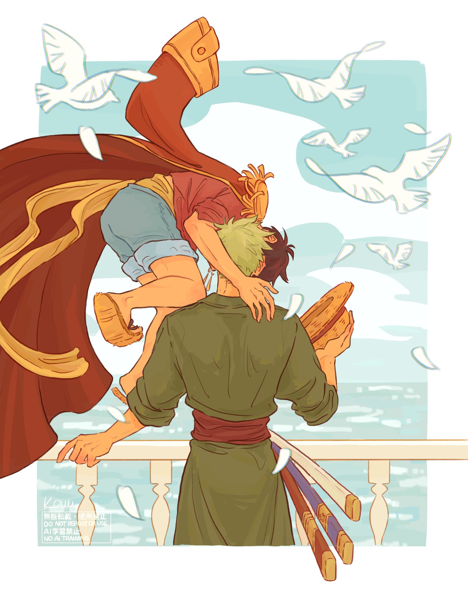monkey d. luffy, roronoa zoro, one piece, commentary request, highres, 2boys, bird, black hair, blue shorts, blue sky, border, cloud, cloudy sky, coat, coat on shoulders, earrings, falling feathers, feathers, from behind, green hair, hat, holding, holding unworn clothes, holding unworn hat, horizon, imminent kiss, jewelry, katana, kouu kunn, male focus, multiple boys, multiple swords, ocean, outdoors, red coat, red shirt, sandals, sash, sheath, sheathed, shirt, short hair, shorts, sky, straw hat, sword, unworn hat, unworn headwear, weapon, white bird, white border, white feathers, yaoi