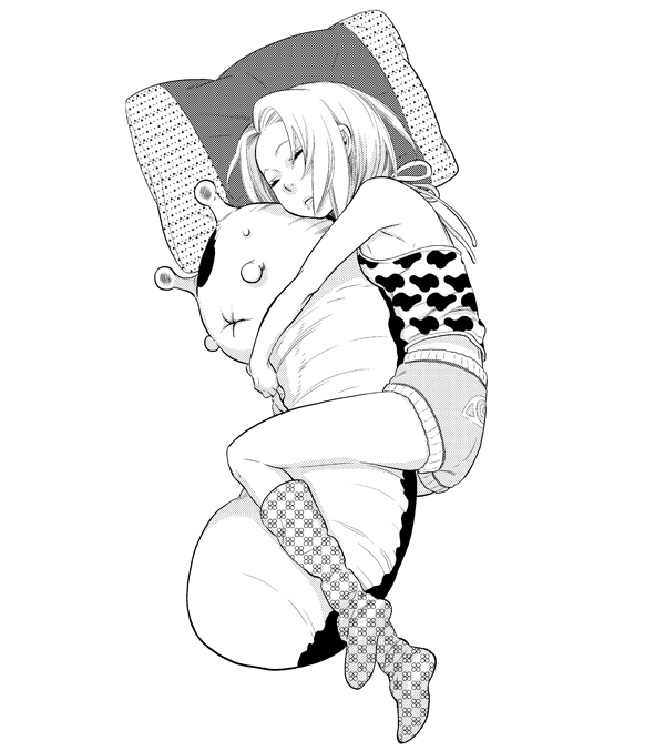 hoshino lily, tsunade (naruto), naruto (classic), naruto (series), 1girl, aged down, body pillow, child, dakimakura (object), female focus, greyscale, head on pillow, hug, hugging object, monochrome, pillow, pillow hug, sleeping, slug, solo