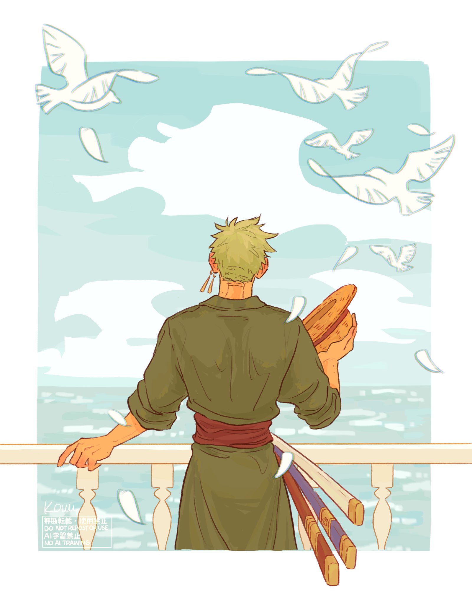 roronoa zoro, one piece, commentary request, highres, 1boy, bird, black hair, blue sky, border, cloud, cloudy sky, cowboy shot, earrings, falling feathers, feathers, from behind, green hair, hat, holding, holding unworn clothes, holding unworn hat, horizon, jewelry, katana, kouu kunn, male focus, multiple swords, ocean, outdoors, outside border, sash, sheath, sheathed, short hair, sky, straw hat, sword, unworn hat, unworn headwear, weapon, white bird, white border, white feathers
