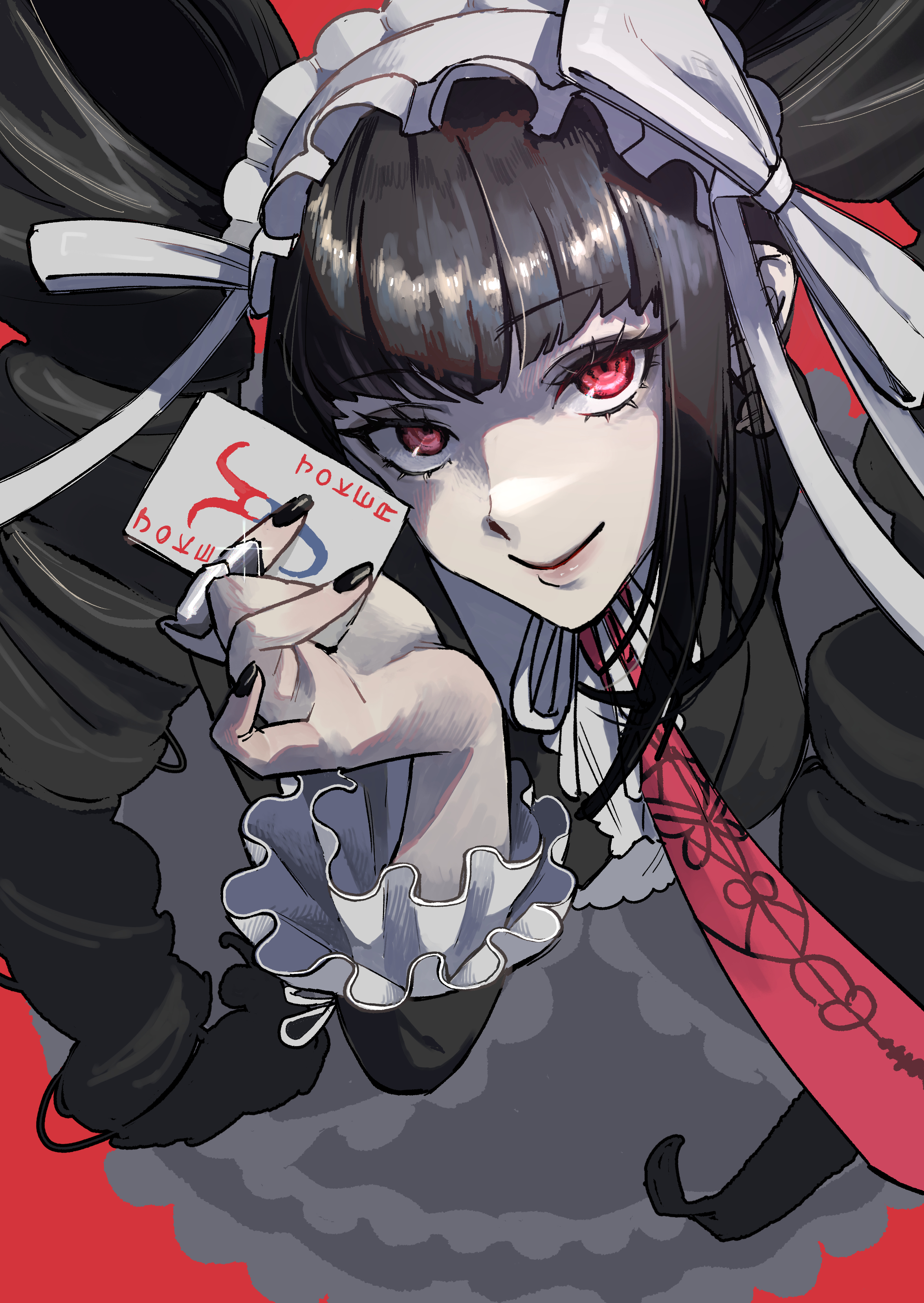 yoru tsuki12, celestia ludenberg, danganronpa: trigger happy havoc, danganronpa (series), absurdres, commentary request, highres, 1girl, black hair, black nails, bonnet, card, claw ring, drill hair, frilled jacket, frills, gothic lolita, hair ornament, holding, holding card, jacket, lolita fashion, looking at viewer, necktie, pale skin, playing card, print necktie, red eyes, red necktie, twin drills, v-bangs