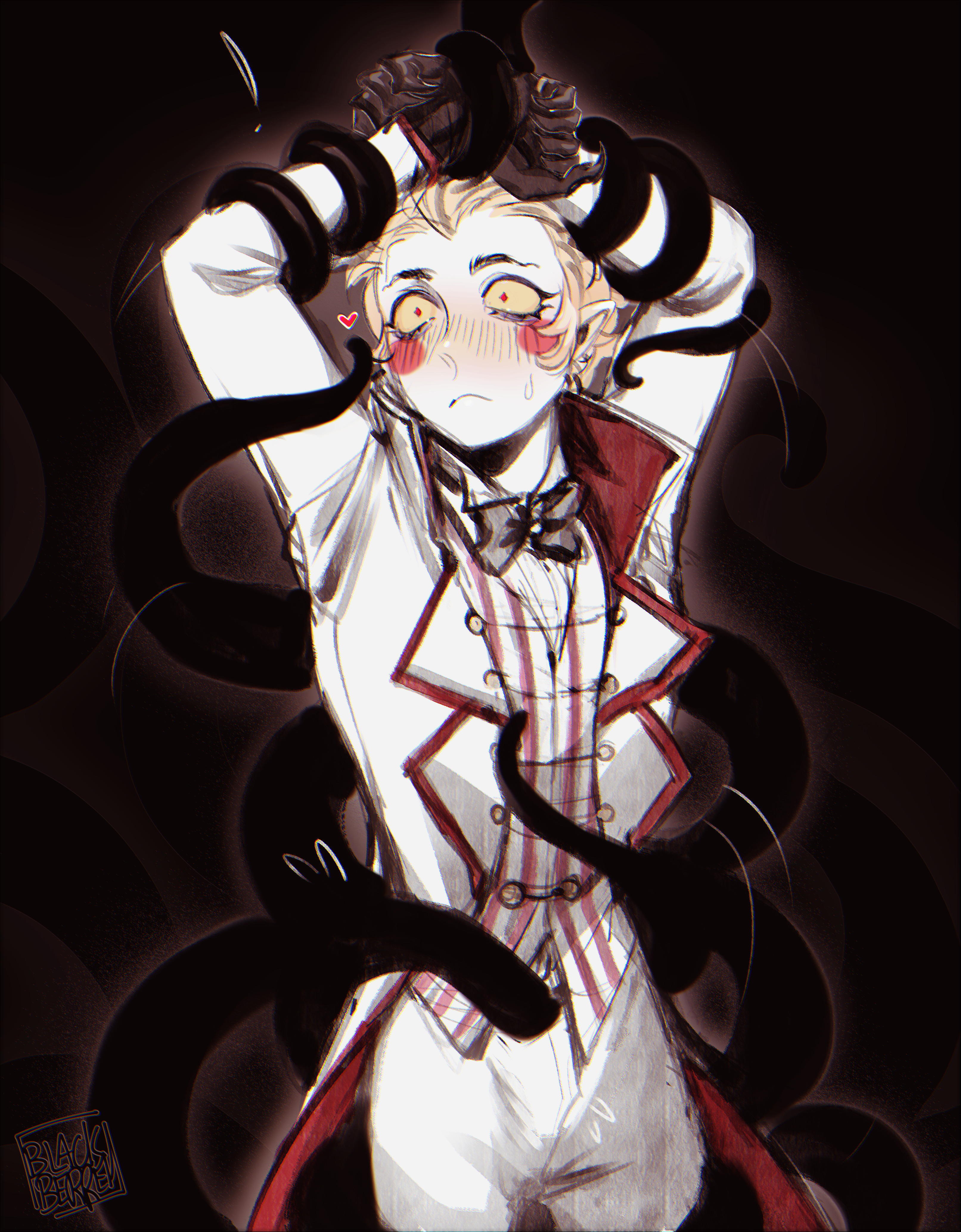 blackberreh-art, lucifer morningstar (hazbin hotel), hazbin hotel, hellaverse, absurdres, commentary, english commentary, highres, 1boy, blonde hair, blush, colored sclera, colored skin, demon boy, formal clothes, frown, hair slicked back, male focus, red eyes, solo, striped clothes, striped vest, suit, sweat, tentacles, tentacles on male, vest, white skin, yellow sclera