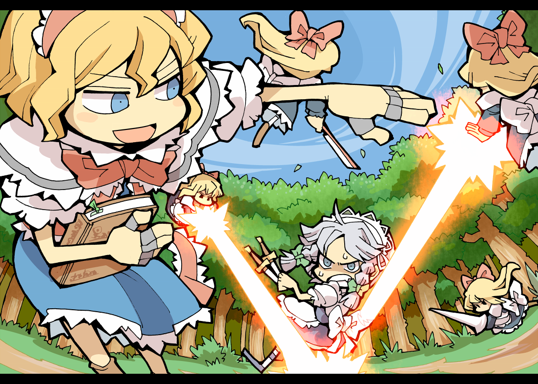 hounori, alice margatroid, izayoi sakuya, shanghai doll, touhou, beam, 6+girls, battle, book, doll, dress, female focus, forest, knife, lance, laser, maid, multiple girls, nature, outdoors, plant, polearm, sky, spear, throwing knife, tree, weapon