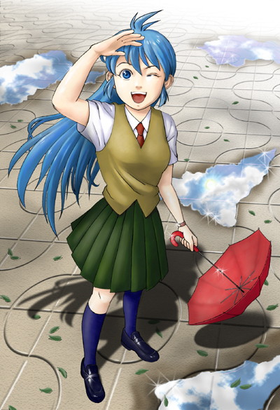 hinowa you, original, 1girl, blue eyes, blue hair, female focus, full body, happy, leaf, long hair, matching hair/eyes, outdoors, puddle, school uniform, skirt, sky, solo, umbrella, wink