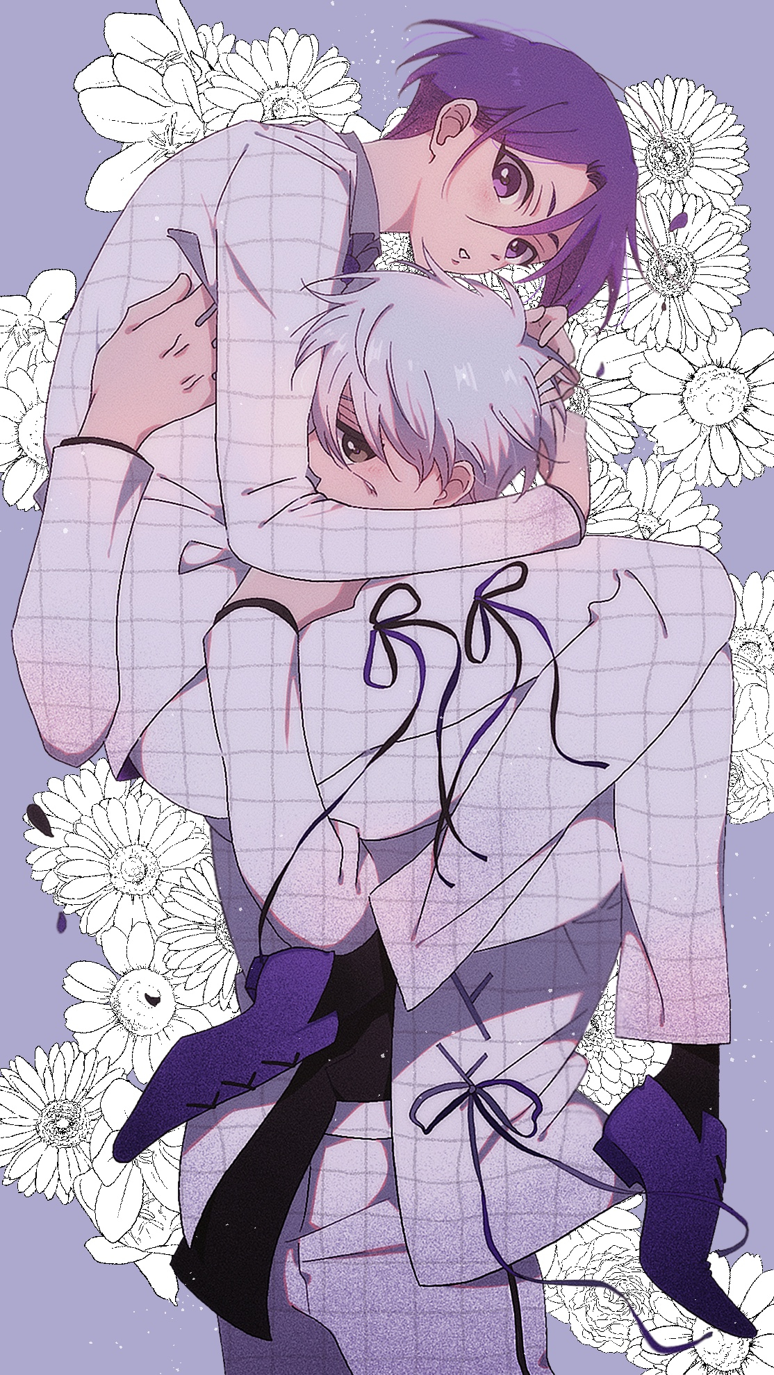 mikage reo, nagi seishirou, blue lock, commentary request, highres, black shirt, flower, hand in another's hair, hand on another's leg, jacket, kamuhina, light blush, looking at viewer, male focus, pants, patterned clothing, purple background, purple hair, purple shoes, shirt, shoes, short hair, simple background, white hair, white jacket, white pants, yaoi