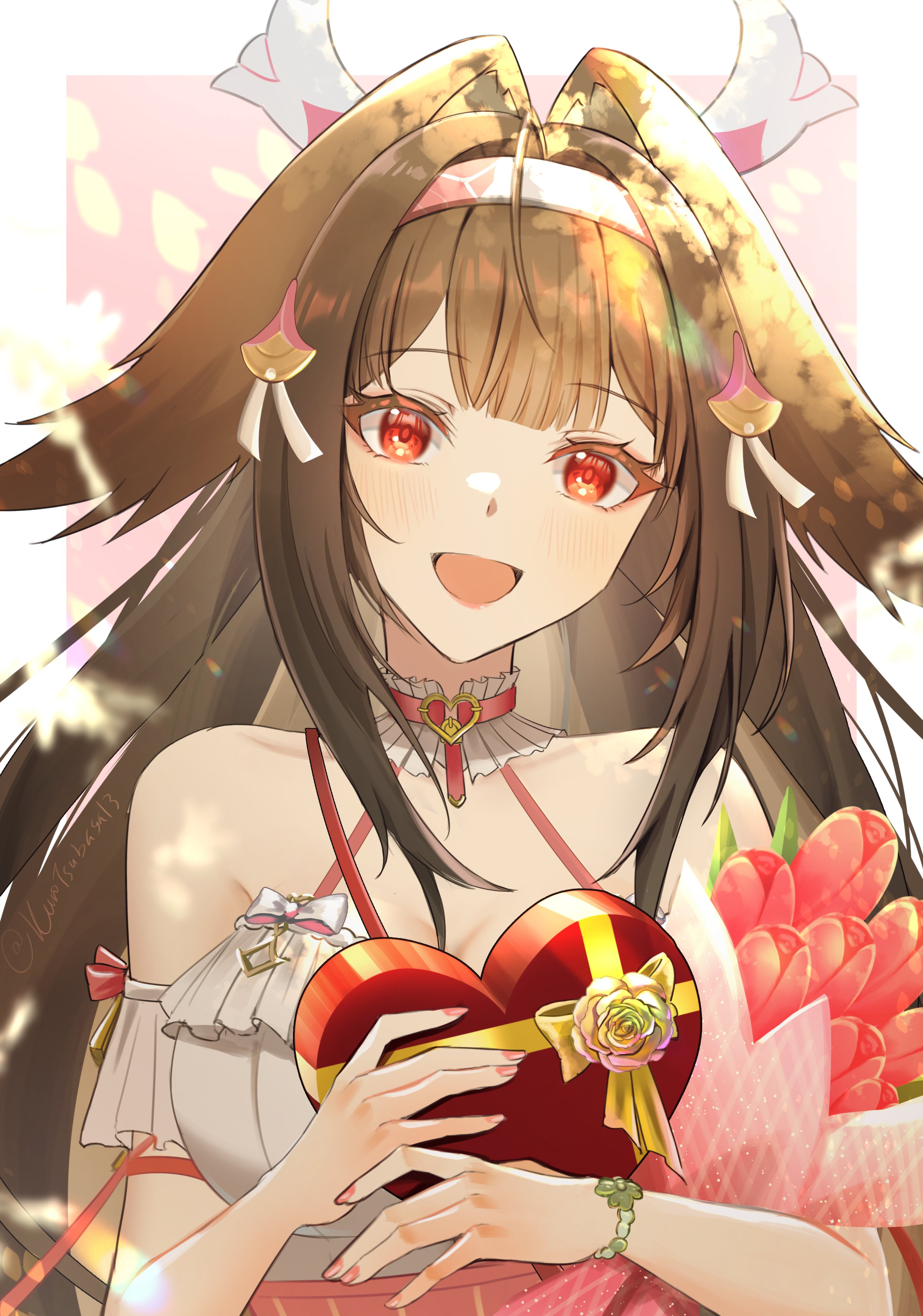 kuro tsubasa, ye shunguang, ye shunguang (touch of dawnlight), zenless zone zero, absurdres, commentary, highres, symbol-only commentary, 1girl, animal ear fluff, animal ears, armband, bare shoulders, blush, border, bouquet, box, bracelet, breasts, brown hair, cleavage, collar, collarbone, cross-laced clothes, cross-laced top, droopy ears, flower, frilled armband, frilled collar, frilled shirt, frilled shirt collar, frills, hairband, head tilt, heart-shaped box, holding, holding bouquet, jewelry, large breasts, long hair, looking at viewer, multicolored hairband, official alternate costume, open mouth, pink background, pink nails, red eyes, red flower, red hairband, shirt, solo, twitter username, upper body, very long hair, white armband, white border, white hairband, white shirt