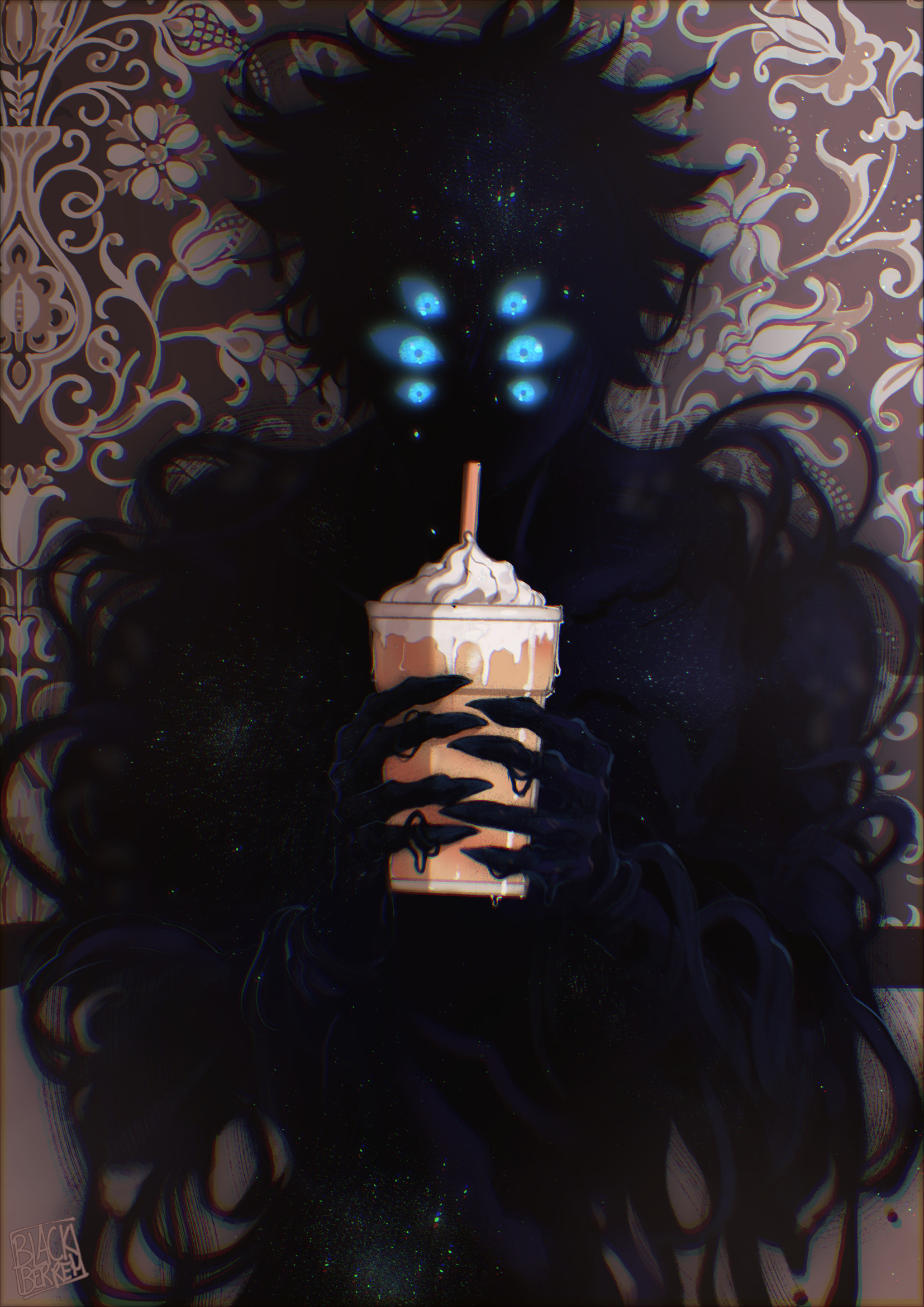 blackberreh-art, gojou satoru, jujutsu kaisen, commentary, english commentary, highres, 1boy, black hair, blue eyes, cup, drinking, drinking straw, drinking straw in mouth, holding, holding cup, male focus, monster, short hair, solo