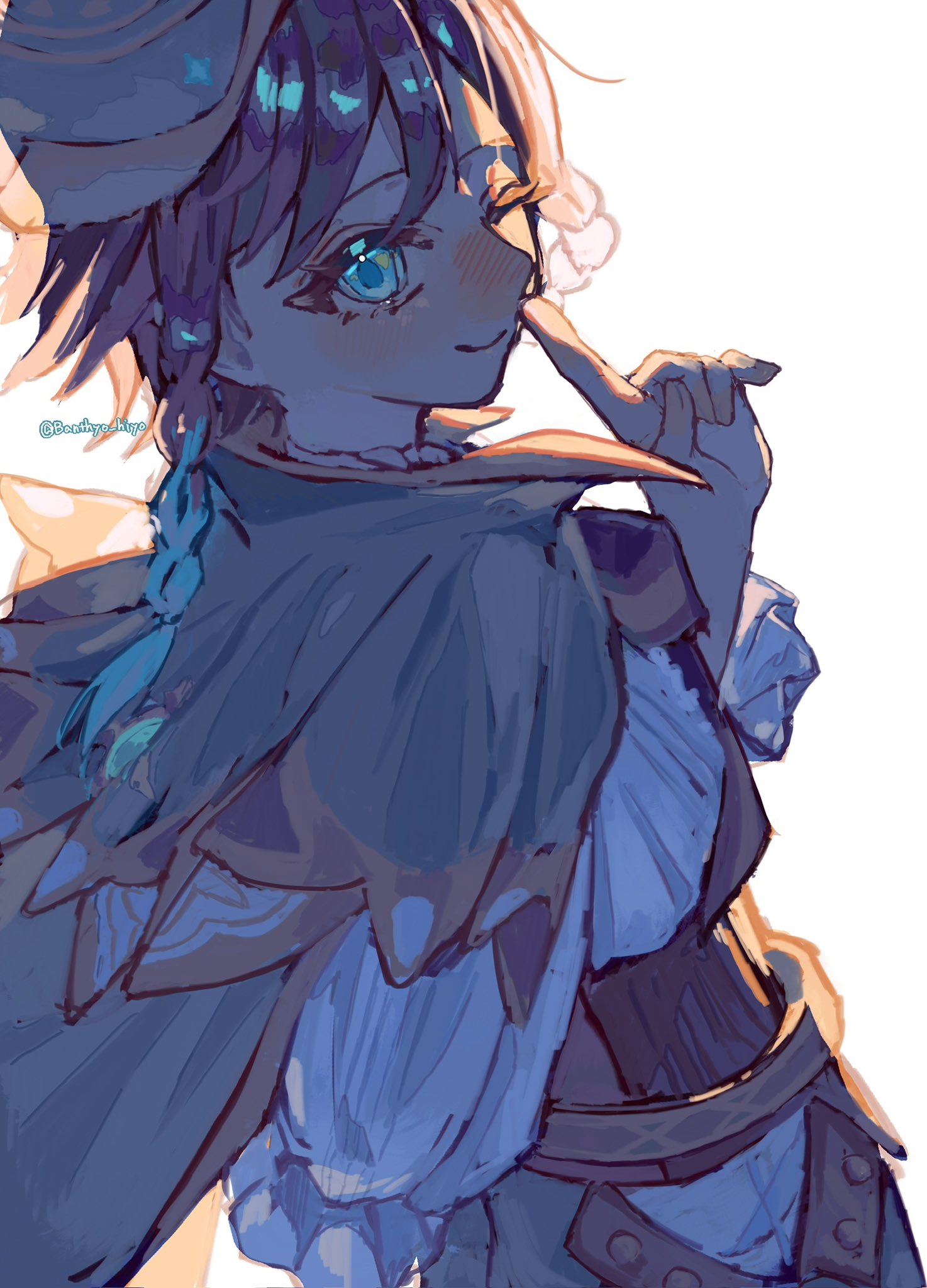 venti (genshin impact), genshin impact, commentary, highres, symbol-only commentary, 1boy, androgynous, arm behind back, artist name, backlighting, banthyo hiyo, belt, beret, black hair, blue eyes, blue hair, blush, bow, bowtie, braid, brown belt, brown bow, brown bowtie, brown corset, cape, closed mouth, corset, fingernails, frills, from behind, gradient hair, green cape, green hat, green shorts, hair between eyes, hand up, hat, index finger raised, long sleeves, looking at viewer, looking back, male focus, multicolored hair, puffy long sleeves, puffy sleeves, shirt, short hair, shorts, simple background, smile, solo, striped bow, striped bowtie, striped clothes, twin braids, two-tone hair, white background, white shirt