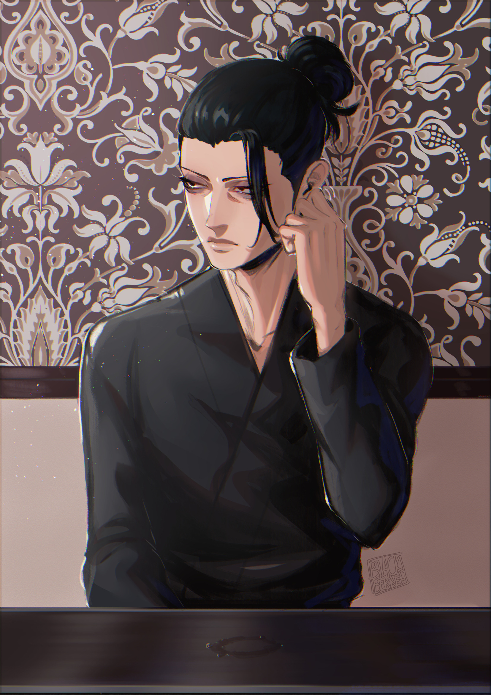 blackberreh-art, getou suguru, jujutsu kaisen, commentary, english commentary, highres, 1boy, bags under eyes, black hair, closed mouth, hair bun, hair pulled back, hairline, indoors, long sleeves, male focus, single hair bun, table, upper body