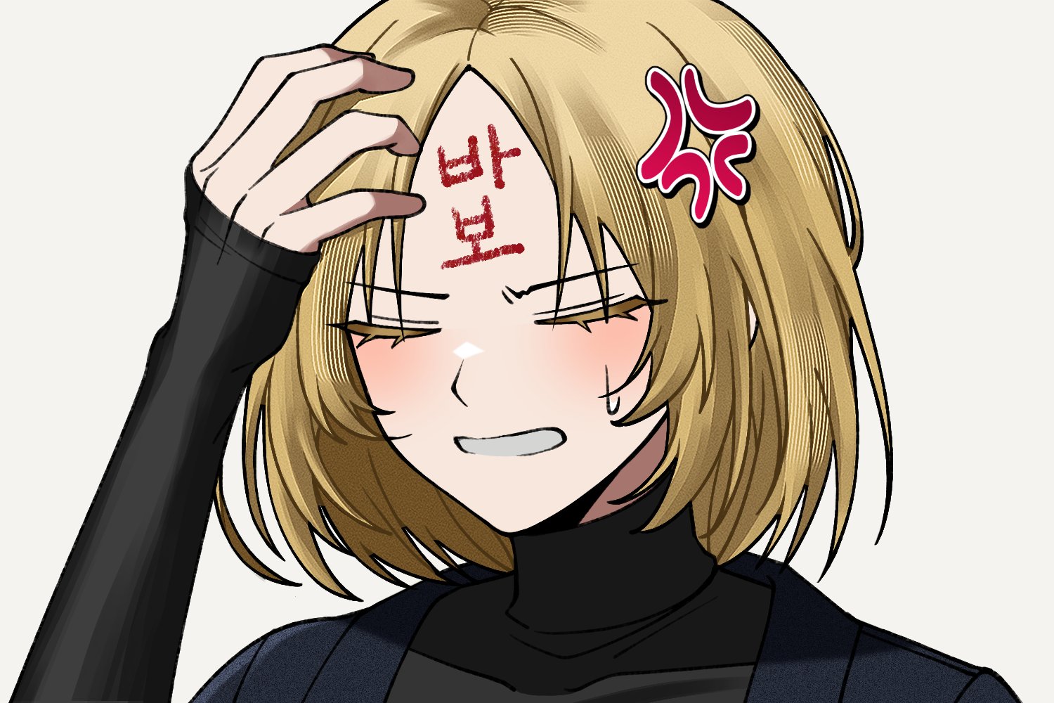 matiyan923, sinclair (project moon), limbus company, project moon, hashtag-only commentary, 1boy, anger vein, annoyed, black haori, black shirt, blonde hair, blush, closed eyes, covered collarbone, eyelashes, facing viewer, hand on own head, hand up, haori, japanese clothes, large forehead, male focus, parted bangs, parted lips, portrait, shirt, short hair, solo, sweatdrop, turtleneck, turtleneck shirt, white background, white mouth