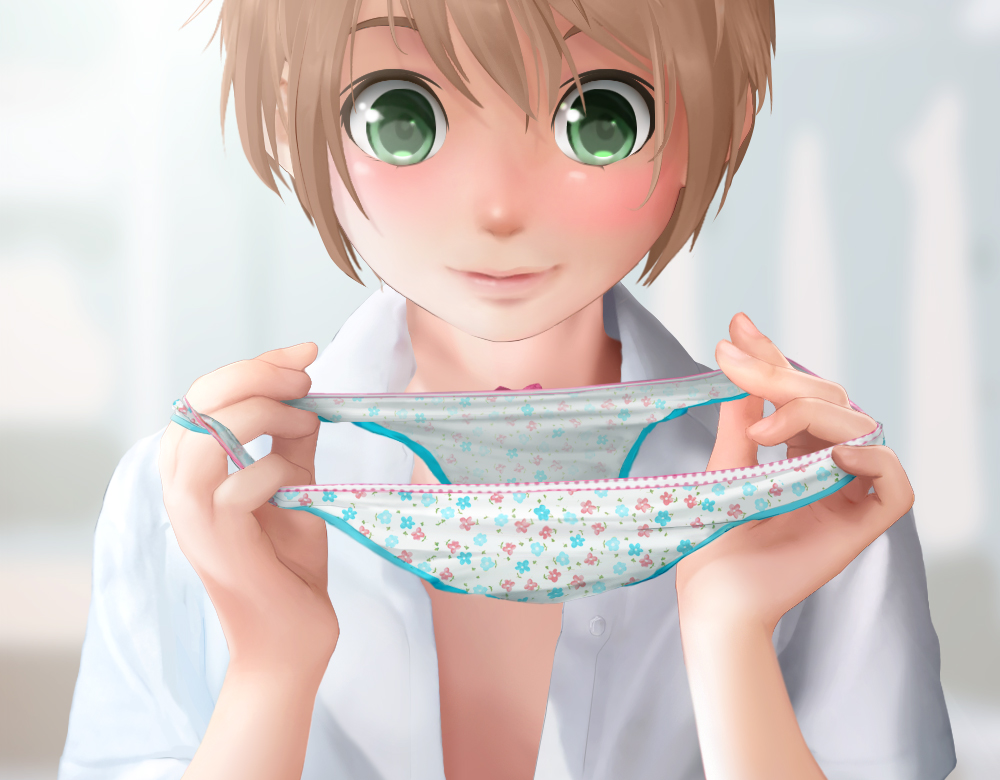 yuki18r, original, bad id, bad pixiv id, 1boy, androgynous, blush, brown hair, child, green eyes, male focus, open clothes, open shirt, panties, print panties, shirt, short hair, smile, solo, underwear