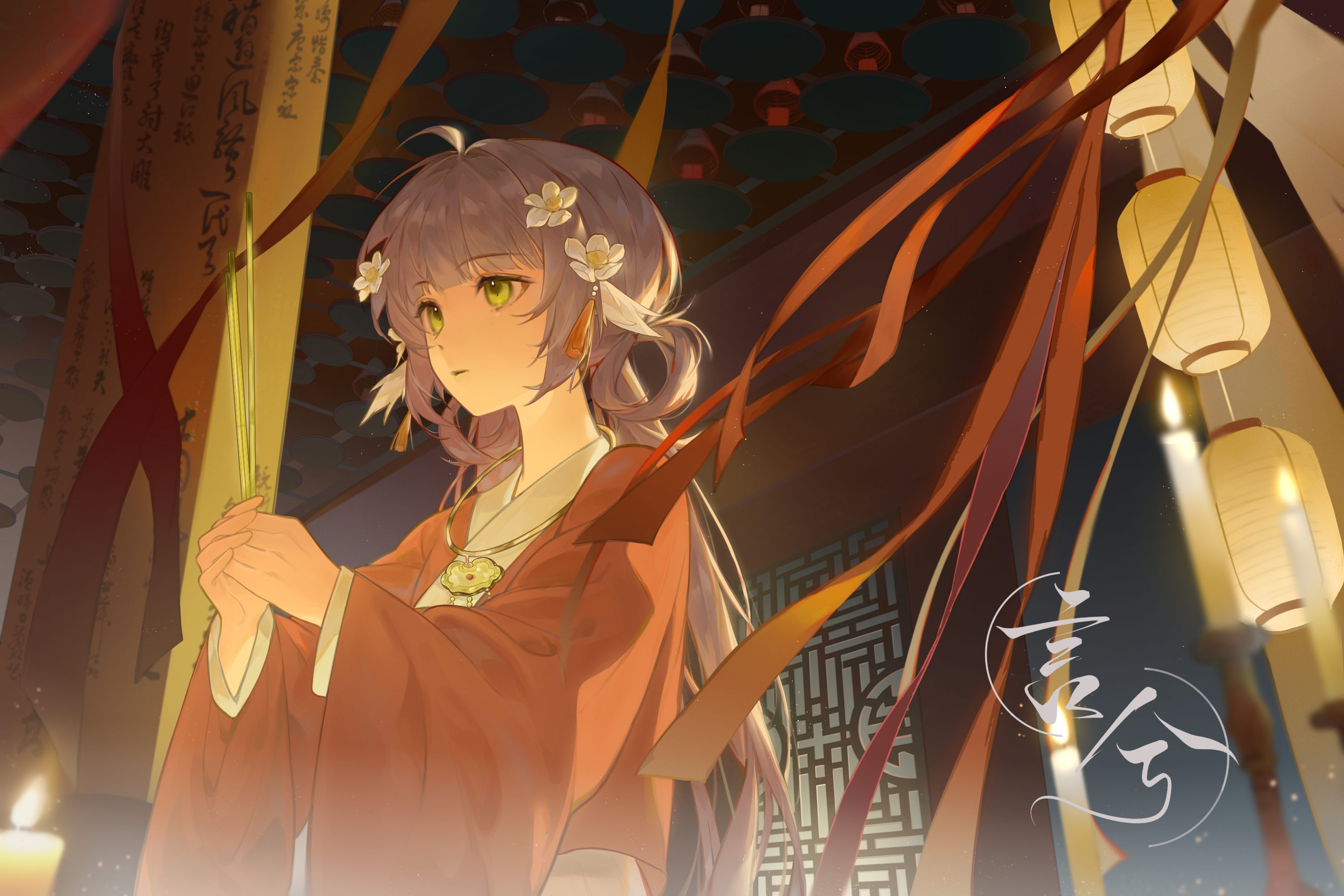 yanxi yanxi, original, highres, 1girl, ahoge, changmingsuo, chinese clothes, chinese text, flower, green eyes, grey hair, hair flower, hair ornament, hair rings, hanfu, holding, incense, jewelry, lantern, lattice, long hair, long sleeves, night, parted lips, ribbon, solo, standing, very long hair, wide sleeves, zhijupao