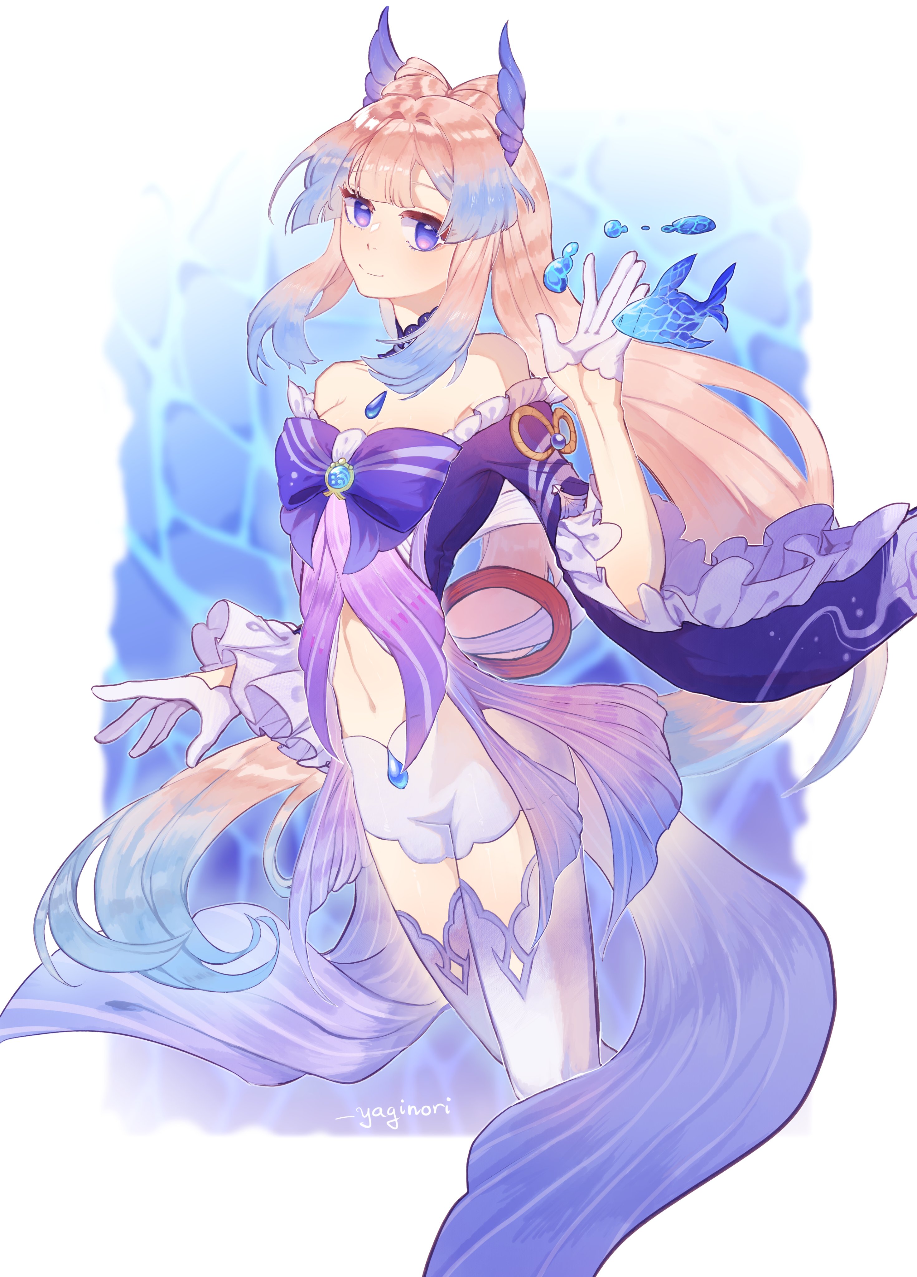 yaginori, sangonomiya kokomi, genshin impact, blue gem, absurdres, commentary, english commentary, highres, 1girl, artist name, bare shoulders, blue background, blue hair, blunt bangs, blurry, blurry background, border, bow, bow-shaped hair, chest bow, choker, closed mouth, cowboy shot, dress, fish, frills, gem, gloves, gradient hair, hand up, headpiece, jewelry, lace, lace choker, long hair, long sleeves, looking at viewer, multicolored hair, navel, off-shoulder dress, off shoulder, outside border, pendant, pink hair, purple bow, purple choker, purple dress, purple eyes, ribbon, short shorts, shorts, sidelocks, smile, solo, standing, striped bow, thighhighs, two-tone hair, water drop, white border, white gloves, white shorts, white thighhighs, wide sleeves, yellow ribbon