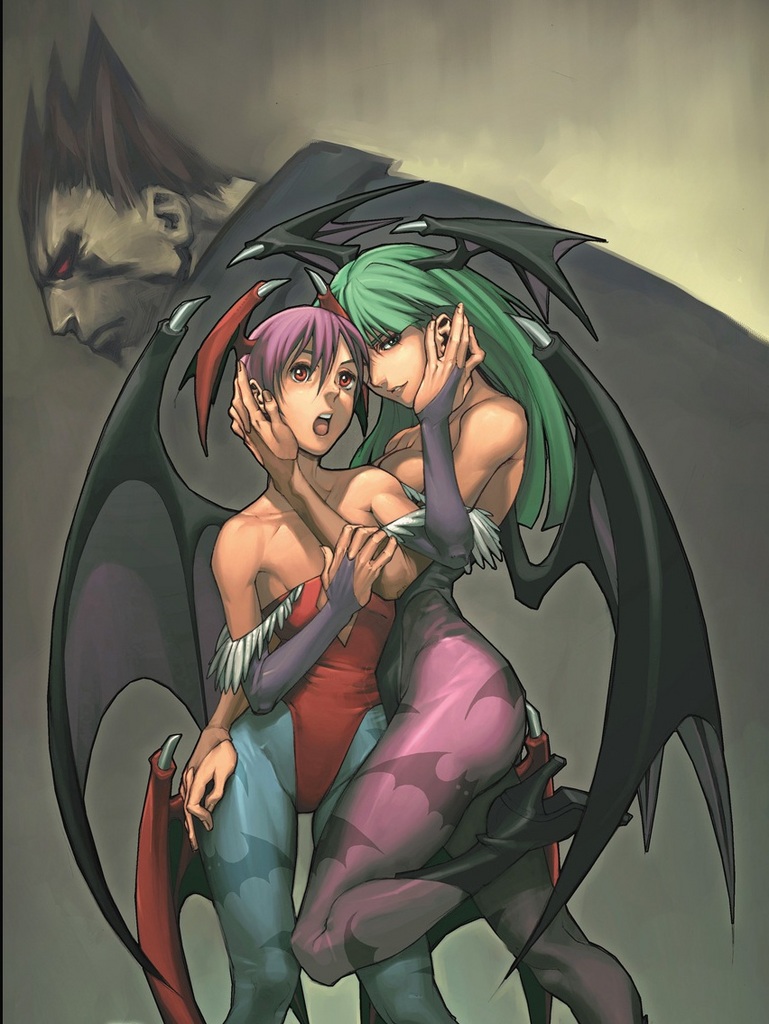 demitri maximoff, lilith (darkstalkers), morrigan aensland, capcom, darkstalkers, 1boy, 2girls, demon girl, green eyes, green hair, multiple girls, pink hair, red eyes, siblings, yuri