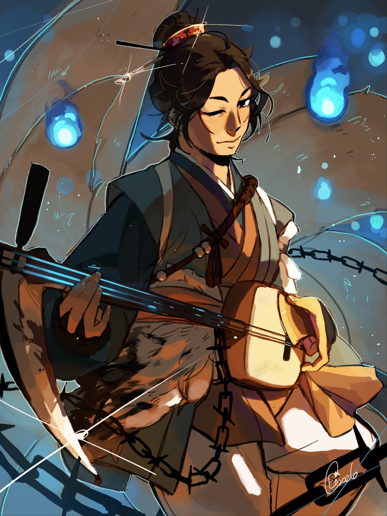 ghost of yotei, commentary, highres, 1girl, blush, dated, hair bun, instrument, japanese clothes, kimono, kitsune, kusarigama, lens flare, music, one eye closed, oyuki (ghost of yotei), paintedlight1, playing instrument, shamisen, sickle, signature, single hair bun, weapon, will-o'-the-wisp (mythology)