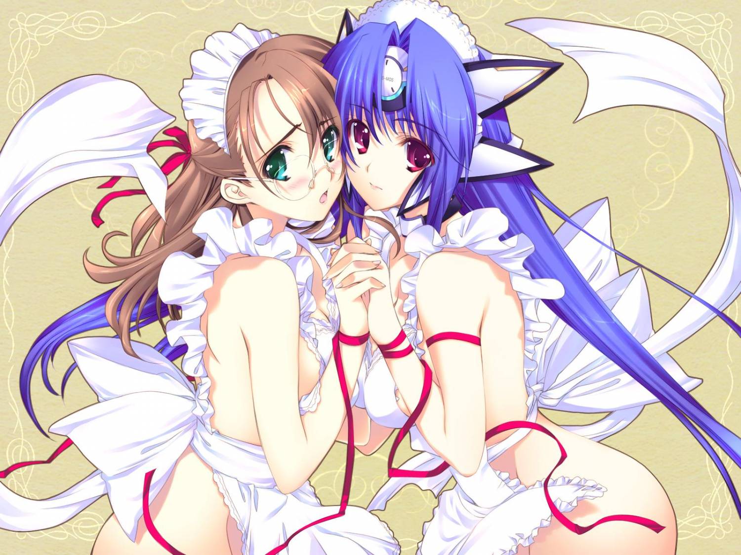 kos-mos, shion uzuki, xeno (series), xenosaga, tagme, 2girls, apron, blue hair, blush, breasts, brown hair, glasses, green eyes, large breasts, multiple girls, red eyes, yuri