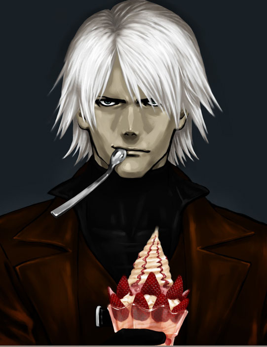dante (devil may cry), capcom, devil may cry (series), tagme, 1boy, food, fruit, gradient background, ice cream, male focus, solo, strawberry, sundae, white hair