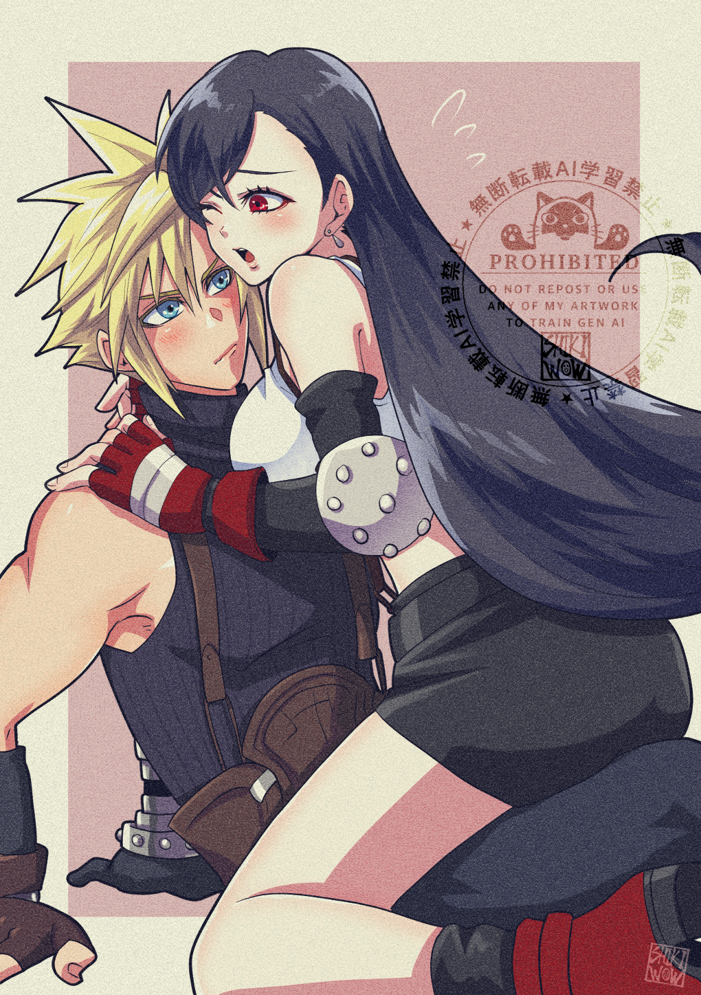 shikiwo, cloud strife, tifa lockhart, final fantasy, final fantasy vii, commentary, highres, 1boy, 1girl, arm support, bare legs, bare shoulders, black hair, black skirt, black sleeves, black socks, blonde hair, blue eyes, blue pants, blue sweater, blush, boots, breasts, brown gloves, closed mouth, couple, crop top, detached sleeves, earrings, elbow pads, feet out of frame, fingerless gloves, flying sweatdrops, from side, gloves, hair behind ear, hand on another's shoulder, heads together, hetero, jewelry, large breasts, leaning on person, long hair, looking at another, miniskirt, one eye closed, open mouth, pants, pencil skirt, red boots, red eyes, red gloves, short hair, single bare shoulder, single earring, single elbow pad, sitting, sitting on lap, sitting on person, skirt, sleeveless, sleeveless turtleneck, socks, spiked hair, suspenders, sweatdrop, sweater, tank top, teardrop earrings, turtleneck, turtleneck sweater, white tank top
