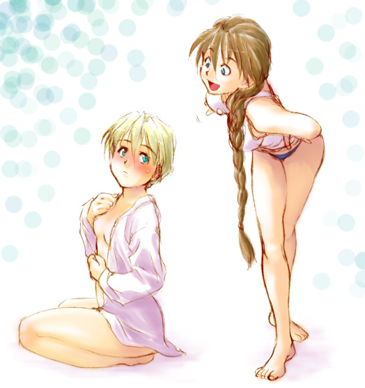 duo maxwell, quatre raberba winner, gundam, gundam wing, gender request, 1990s (style), 2girls, barefoot, blush, genderswap, multiple girls, undressing