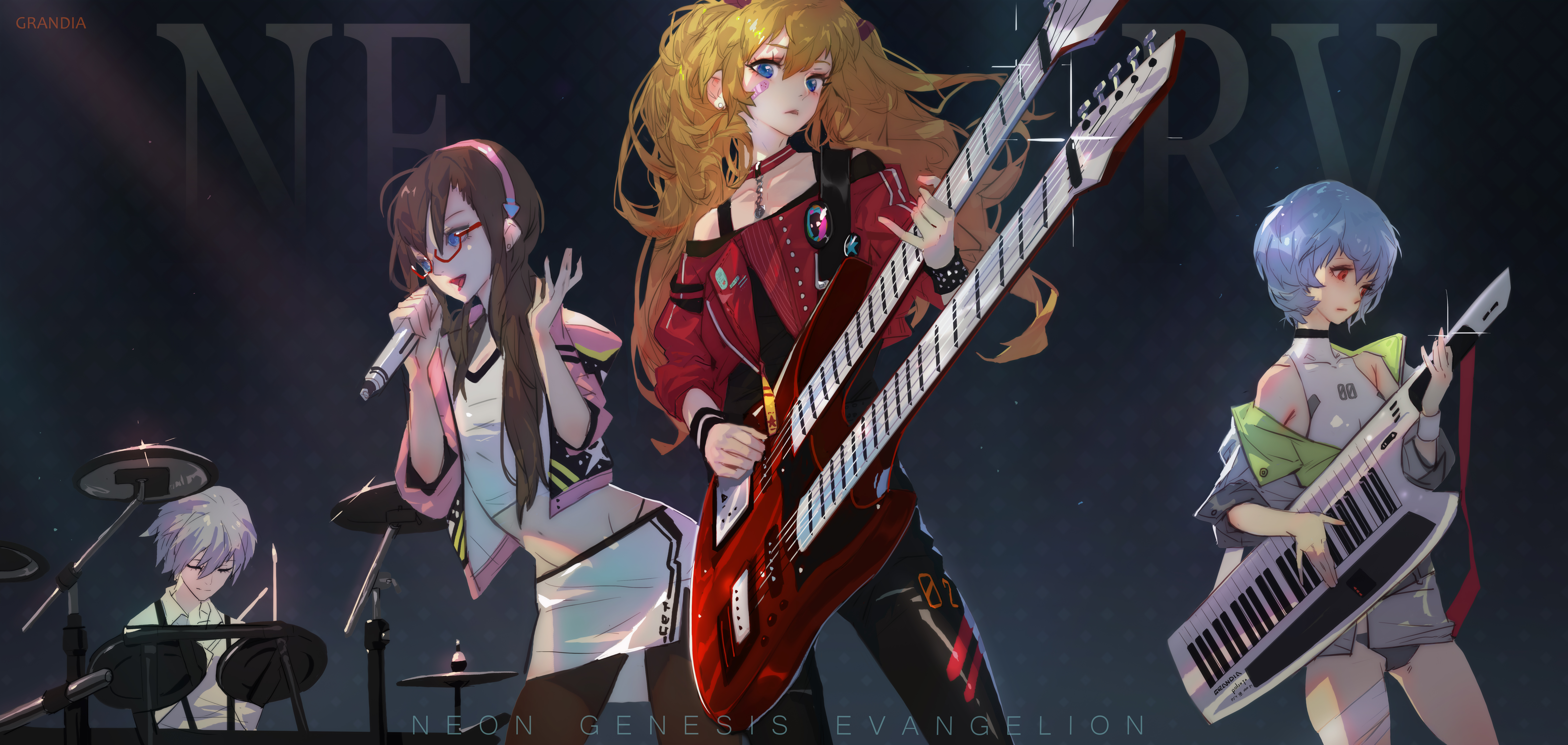grandia lee, ayanami rei, makinami mari illustrious, nagisa kaworu, souryuu asuka langley, neon genesis evangelion, rebuild of evangelion, absurdres, commentary, english commentary, highres, painttool sai (medium), 1boy, 3girls, band (music), blue eyes, blue hair, brown hair, copyright name, double neck guitar, drum, drum set, glasses, instrument, long hair, multiple girls, orange hair, red-framed eyewear, red eyes, short hair, sleeveless, synthesizer