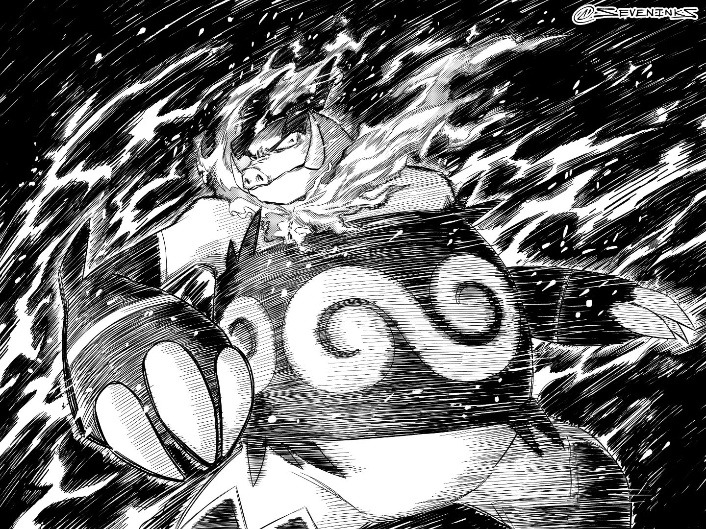 seveninks, emboar, nintendo, pokemon, commentary request, fire, gen 5 pokemon, greyscale, hatching (texture), instagram username, linear hatching, monochrome, no humans, pokemon (creature), solo, spanish commentary, tusks